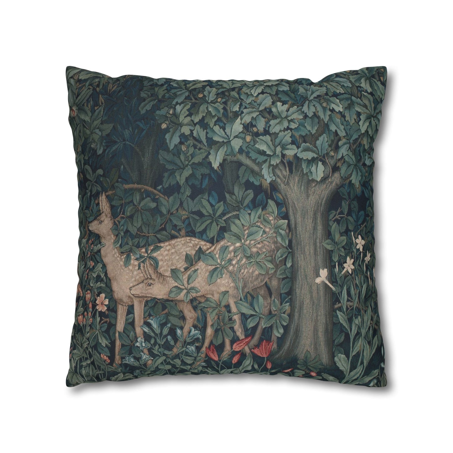 Decorative pillow with a nature-themed design featuring deer and trees on a white background
