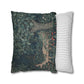 Decorative pillow with nature-themed design and a striped pillow next to it on a white background