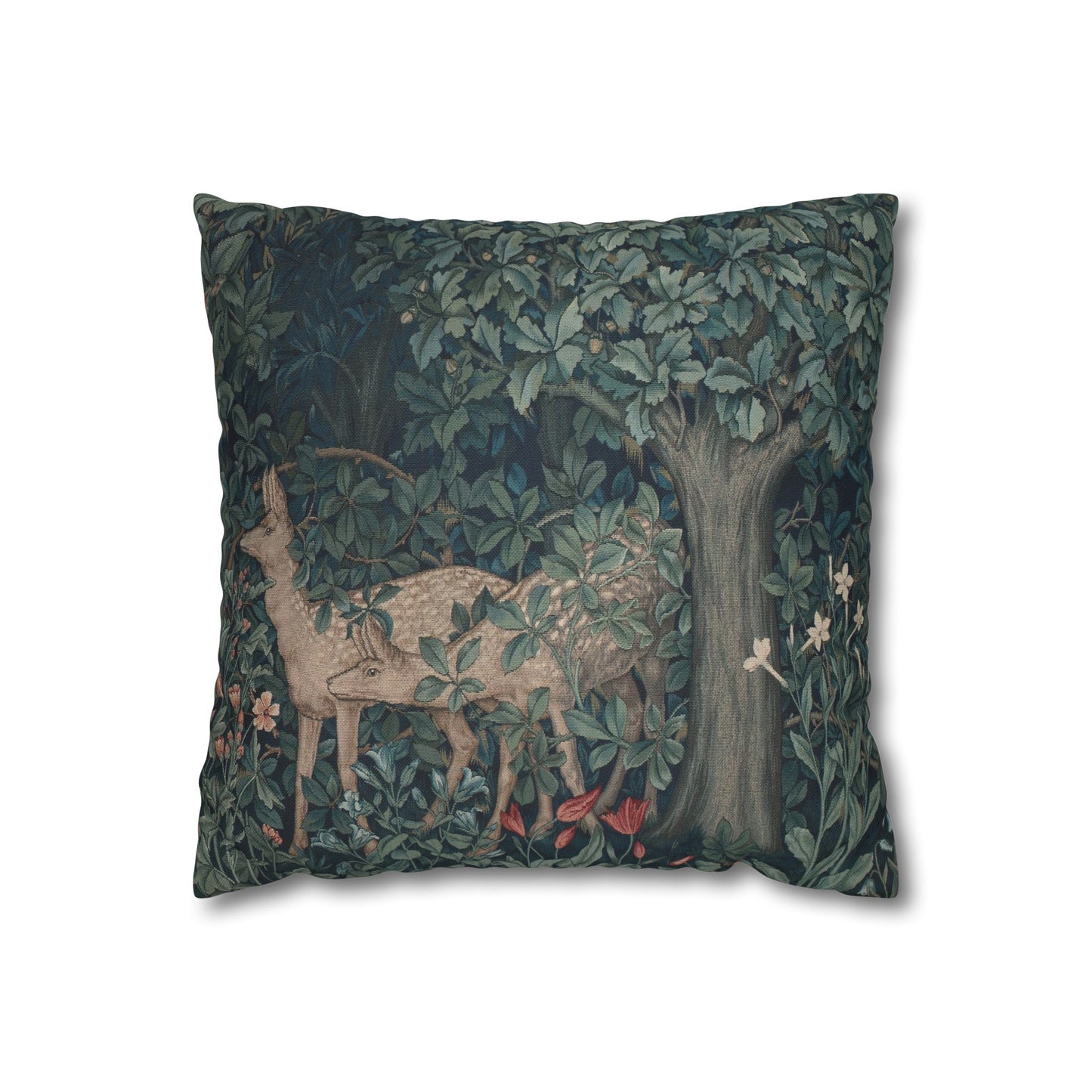Decorative pillow with nature-themed design featuring deer and foliage on a white background