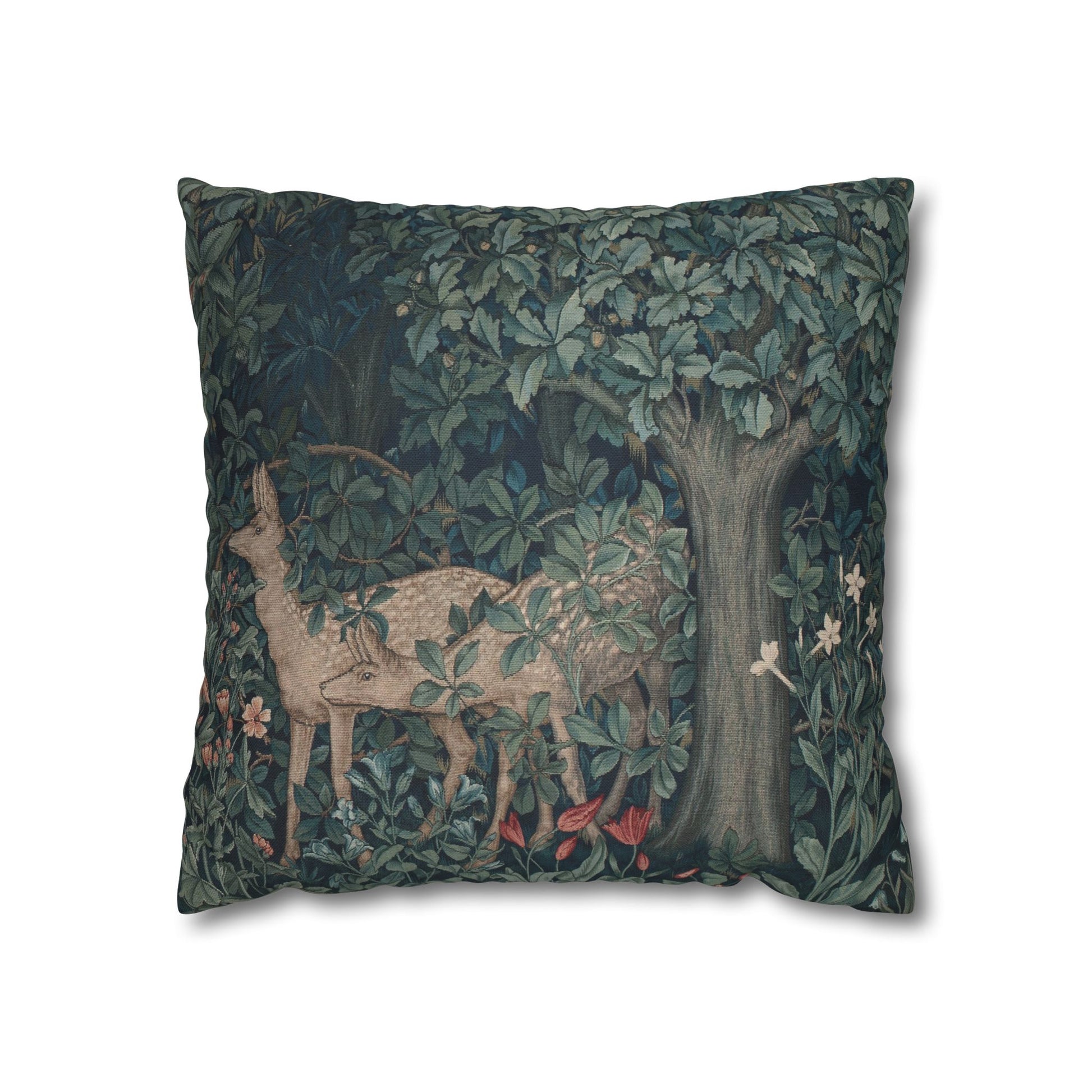 Decorative pillow with a deer and nature design on a white background