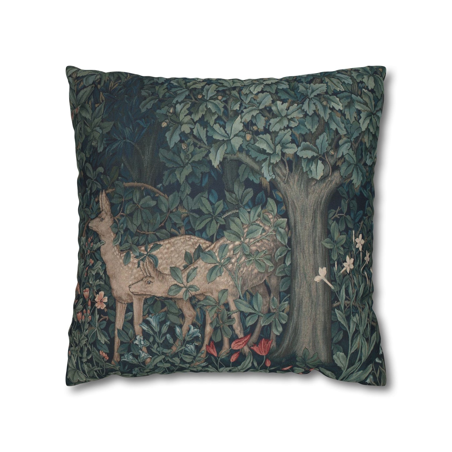 Decorative pillow with a deer and nature design on a white background