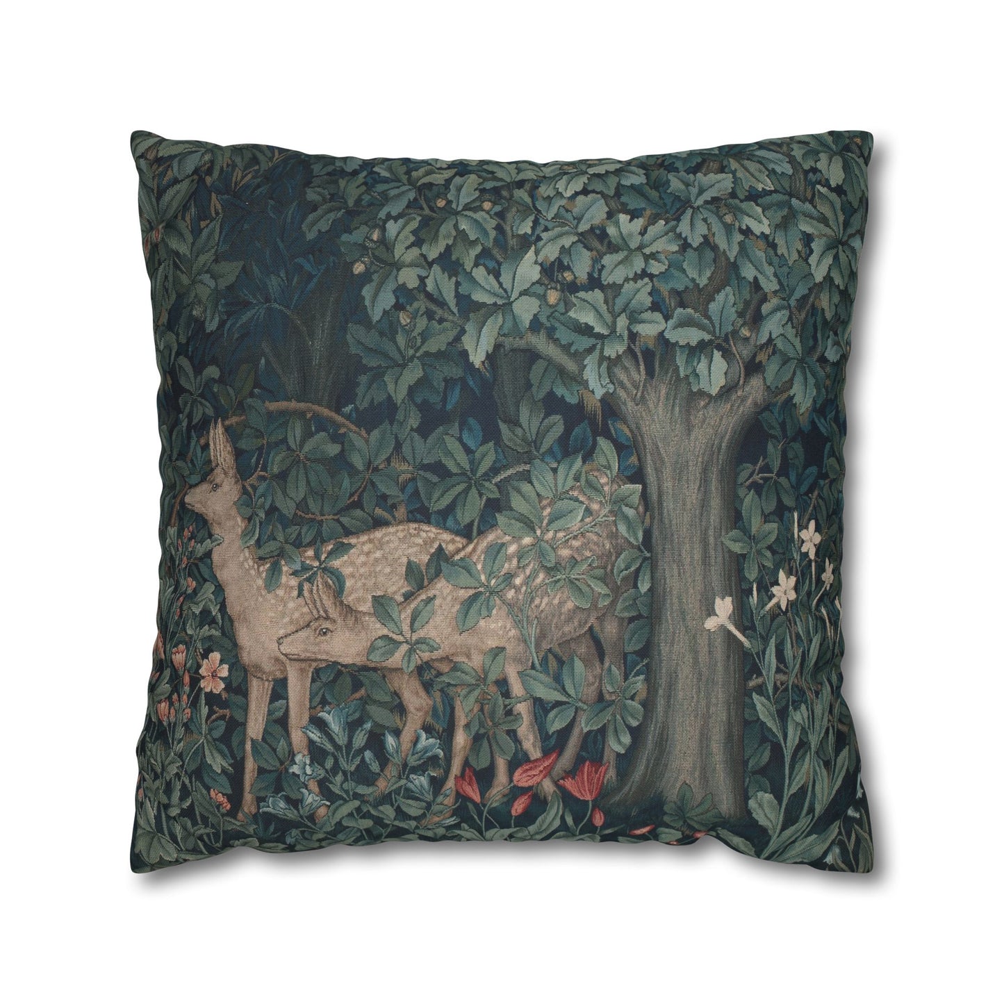 Decorative pillow with deer and nature design on a white background