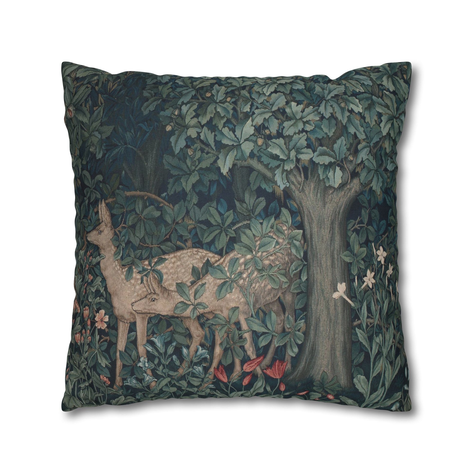 Decorative pillow with a deer and nature design on a white background