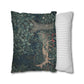 Two pillows, one with a nature-themed design and the other with a striped pattern, on a white background.