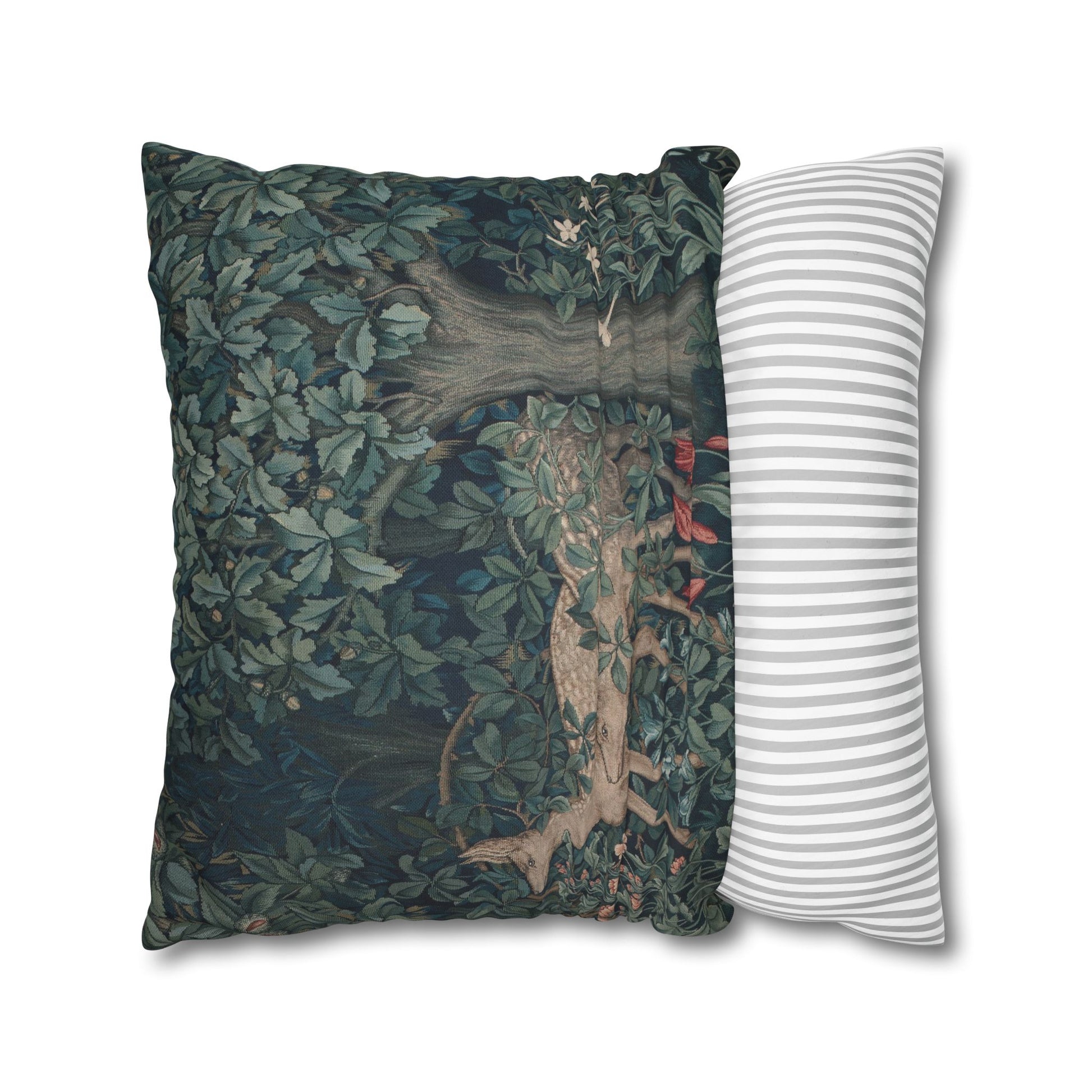 Two pillows, one with a nature-themed design and the other with a striped pattern, on a white background.