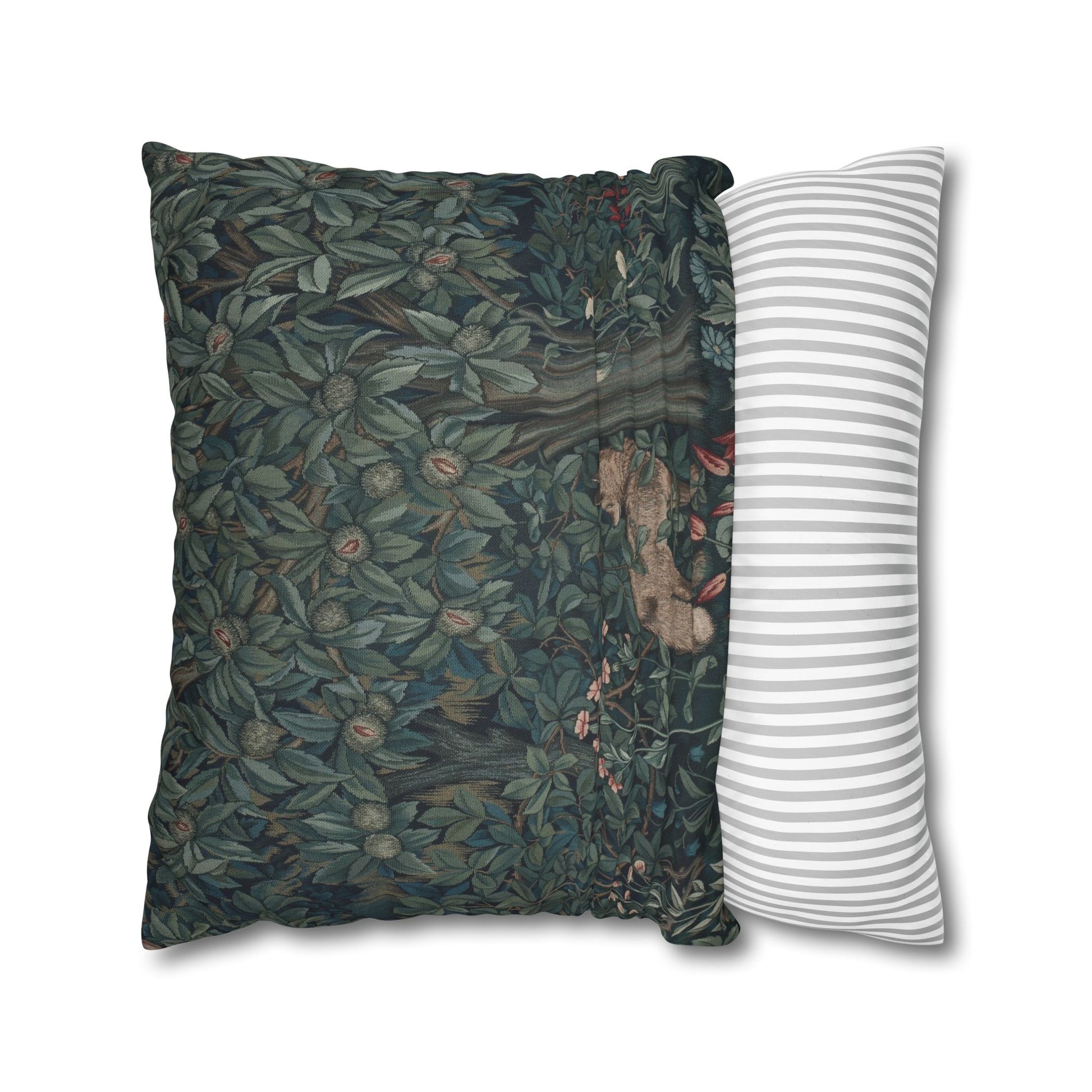 Two pillows, one with a nature-themed pattern and the other with a striped design, on a white background - William Morris Greenery.
