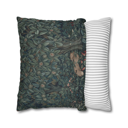 Two pillows, one with a nature-themed pattern and the other with a striped design, on a white background - William Morris Greenery.