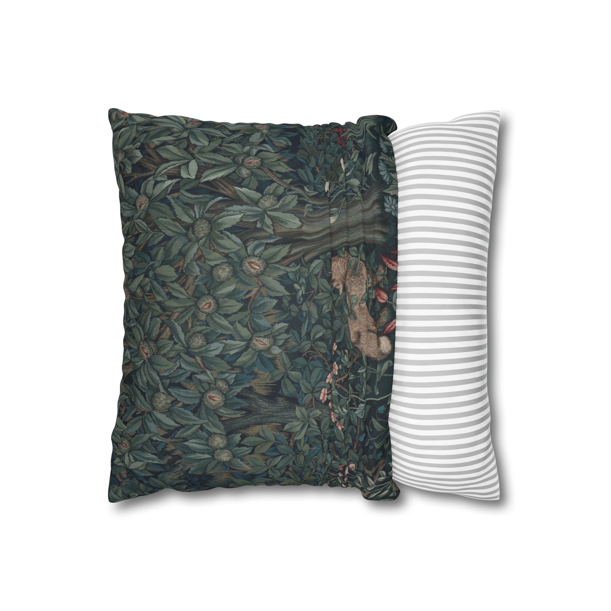 Two pillows, one with a floral pattern and the other with a striped pattern, on a white background - William Morris Greenery