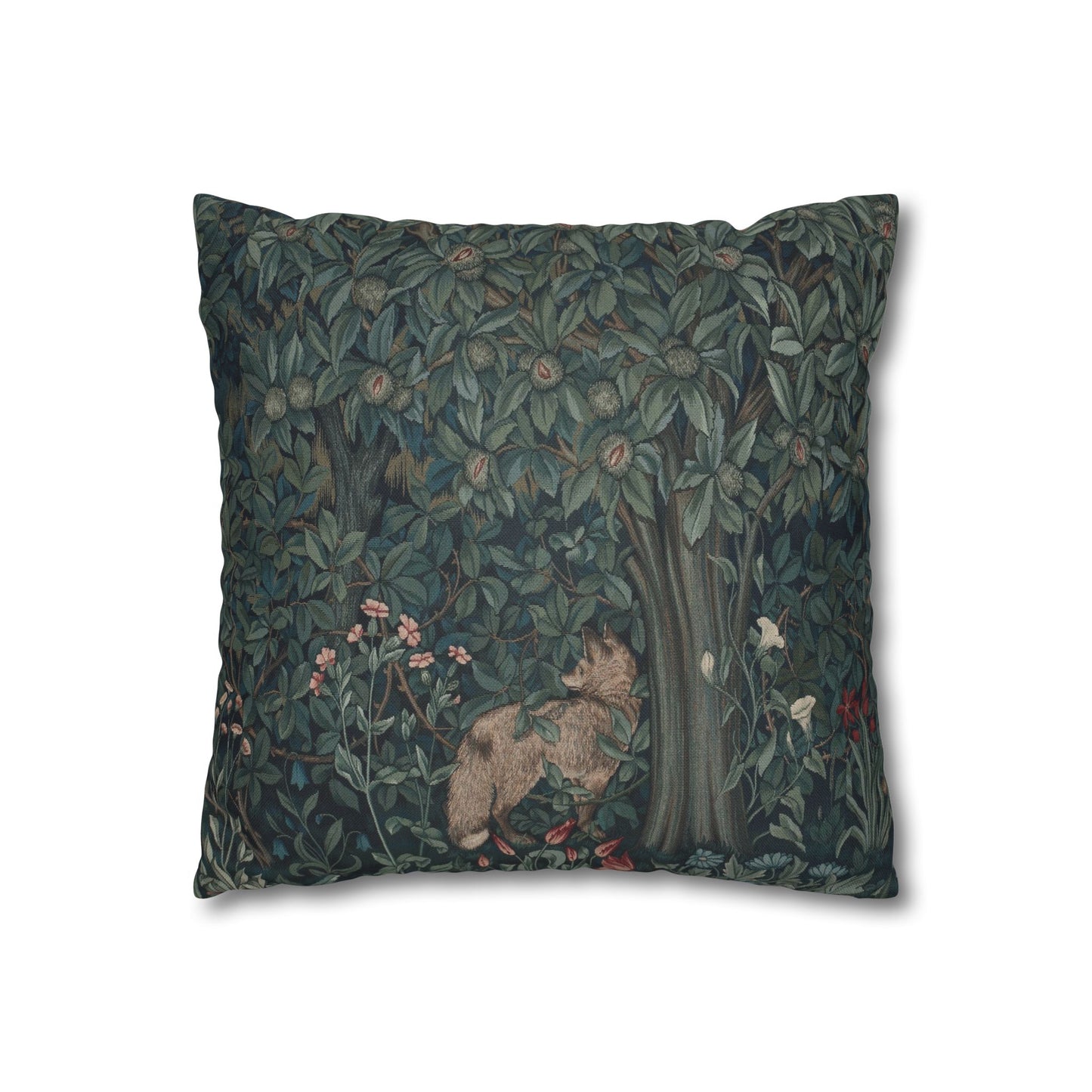 Decorative pillow with nature-themed design featuring a fox and trees on a dark green background- William Morris Greenery