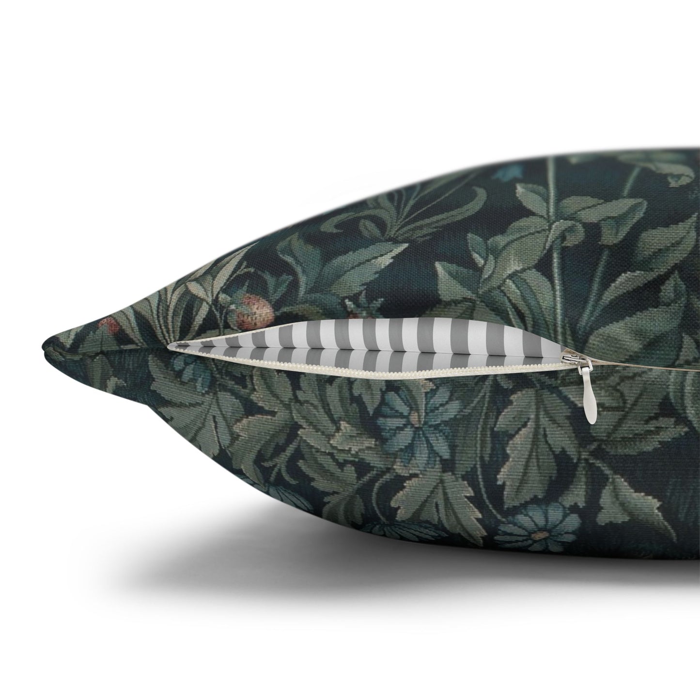 Decorative pillow with floral pattern and zipper on a white background - William Morris Greenery