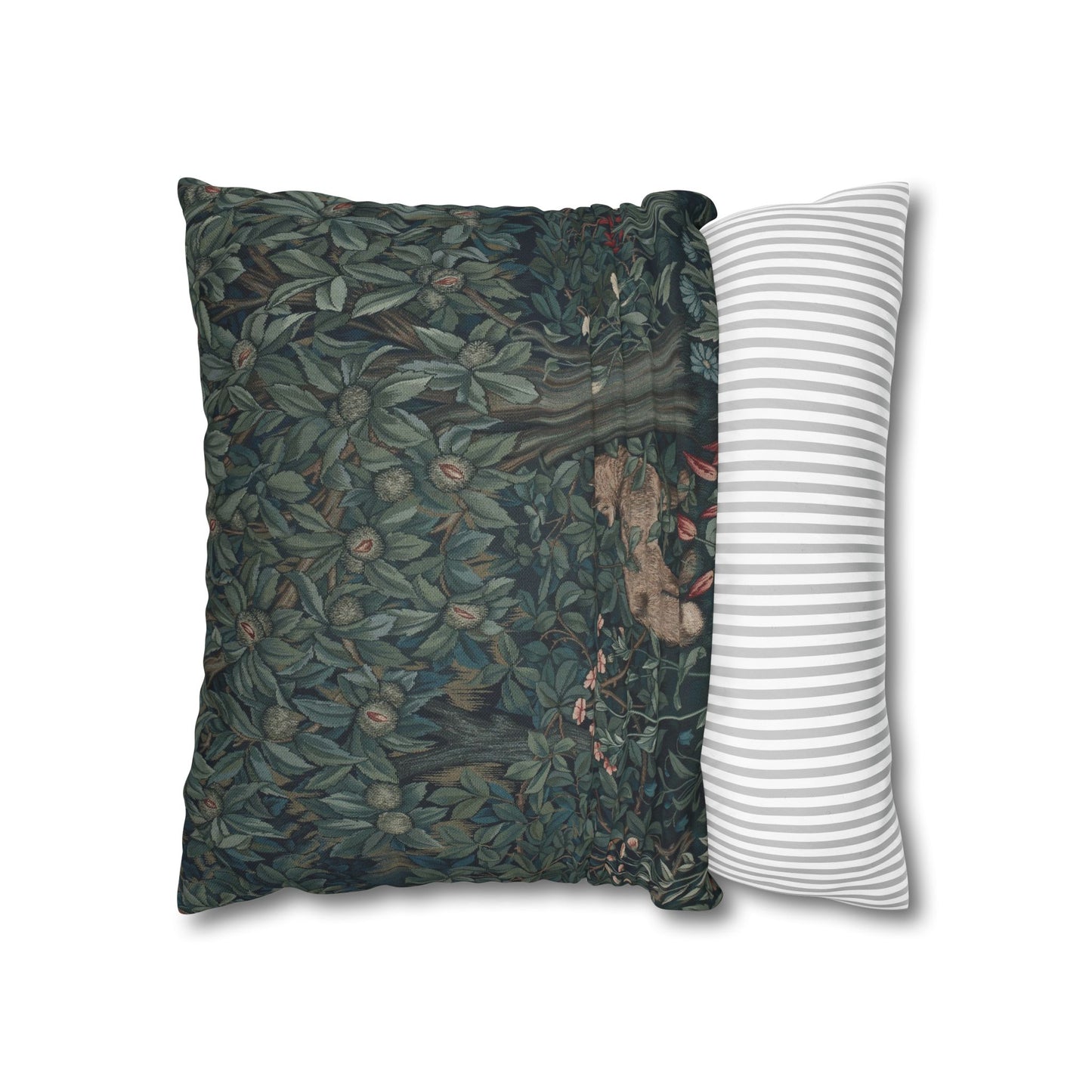 Two pillows, one with a nature-themed pattern and the other with a striped design, on a white background - William Morris Greenery