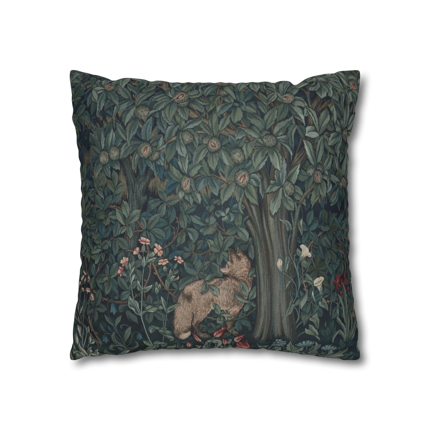 Decorative pillow with nature-themed design featuring a wolf and trees on a dark green background - William Morris Greenery