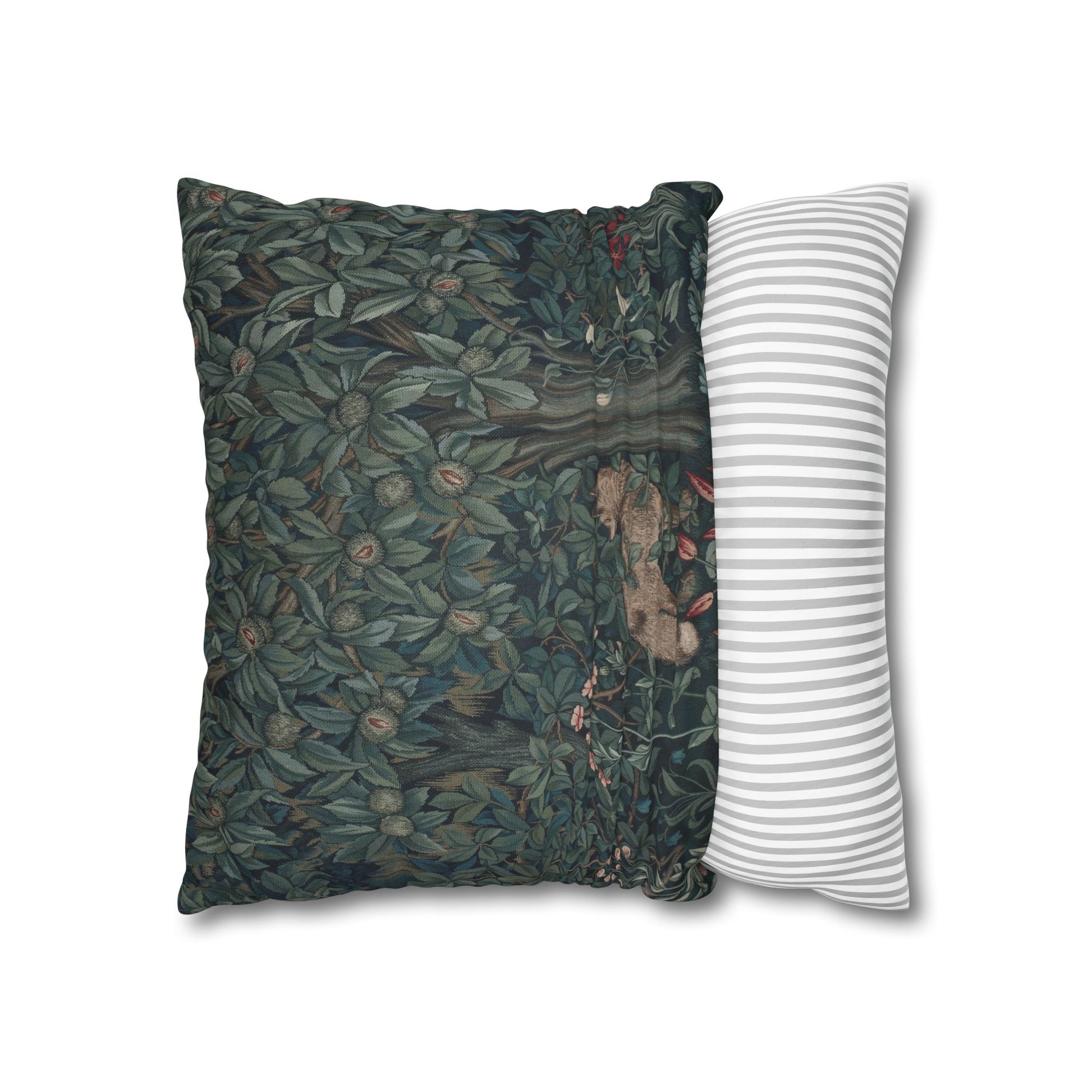 Two pillows, one with a nature-themed design and the other with a striped pattern, on a white background - William Morris  Greenery