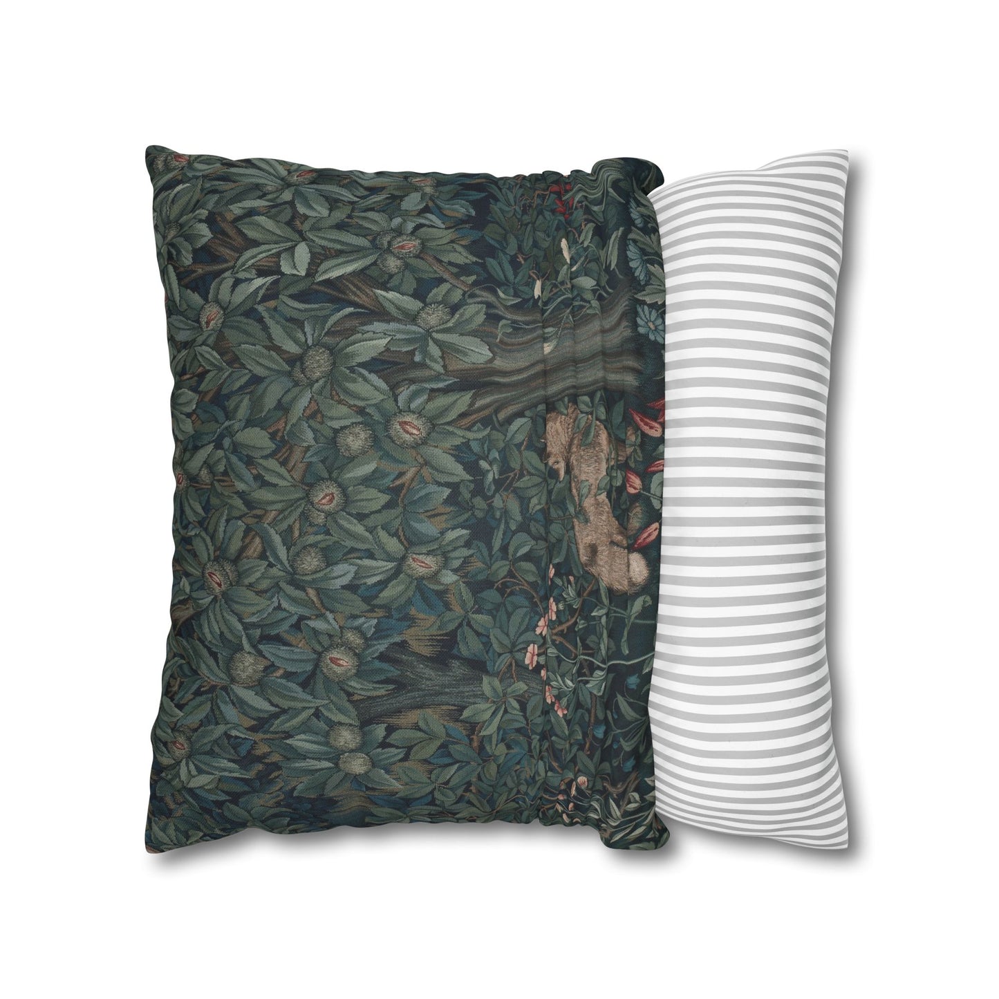 Two pillows, one with a nature-themed pattern and the other with a striped design, on a white background - William Morris Greenery