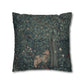 Decorative pillow with nature-themed design featuring a wolf and trees on a dark green background - William Morris Greenery