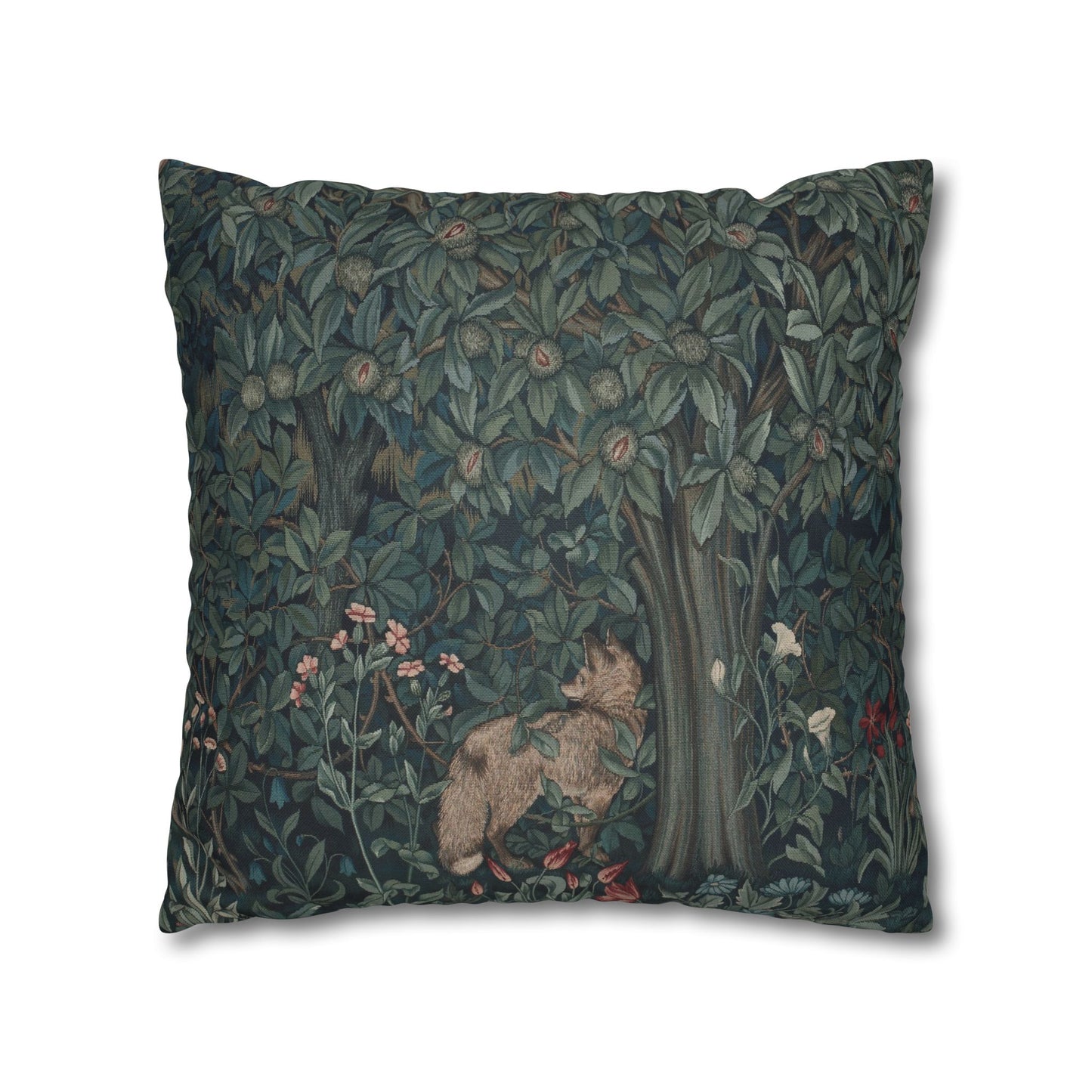 Decorative pillow with nature-themed design featuring a wolf and trees on a dark green background - William Morris Greenery