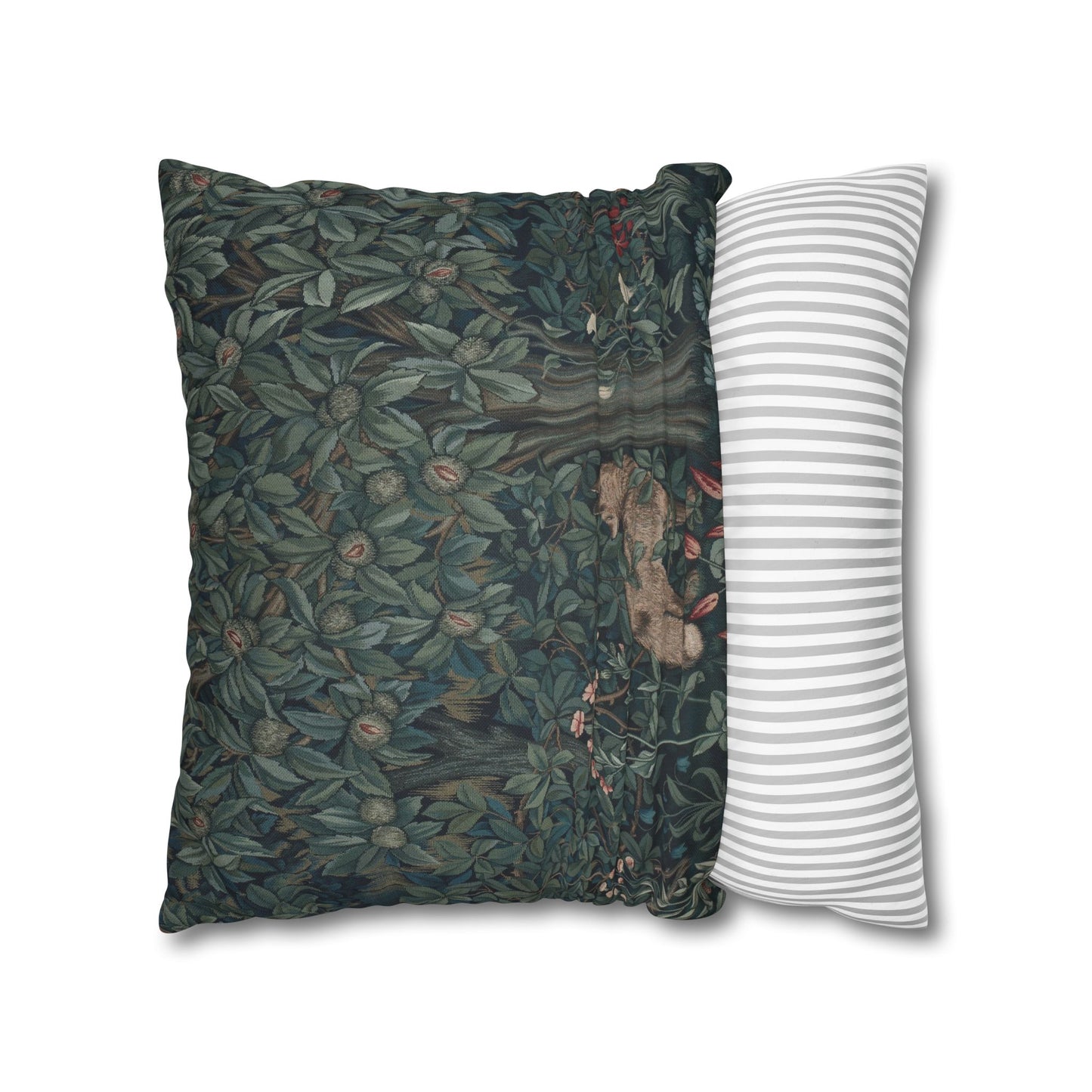Two pillows, one with a nature-themed design and the other with a striped pattern, on a white background - William Morris Greenery