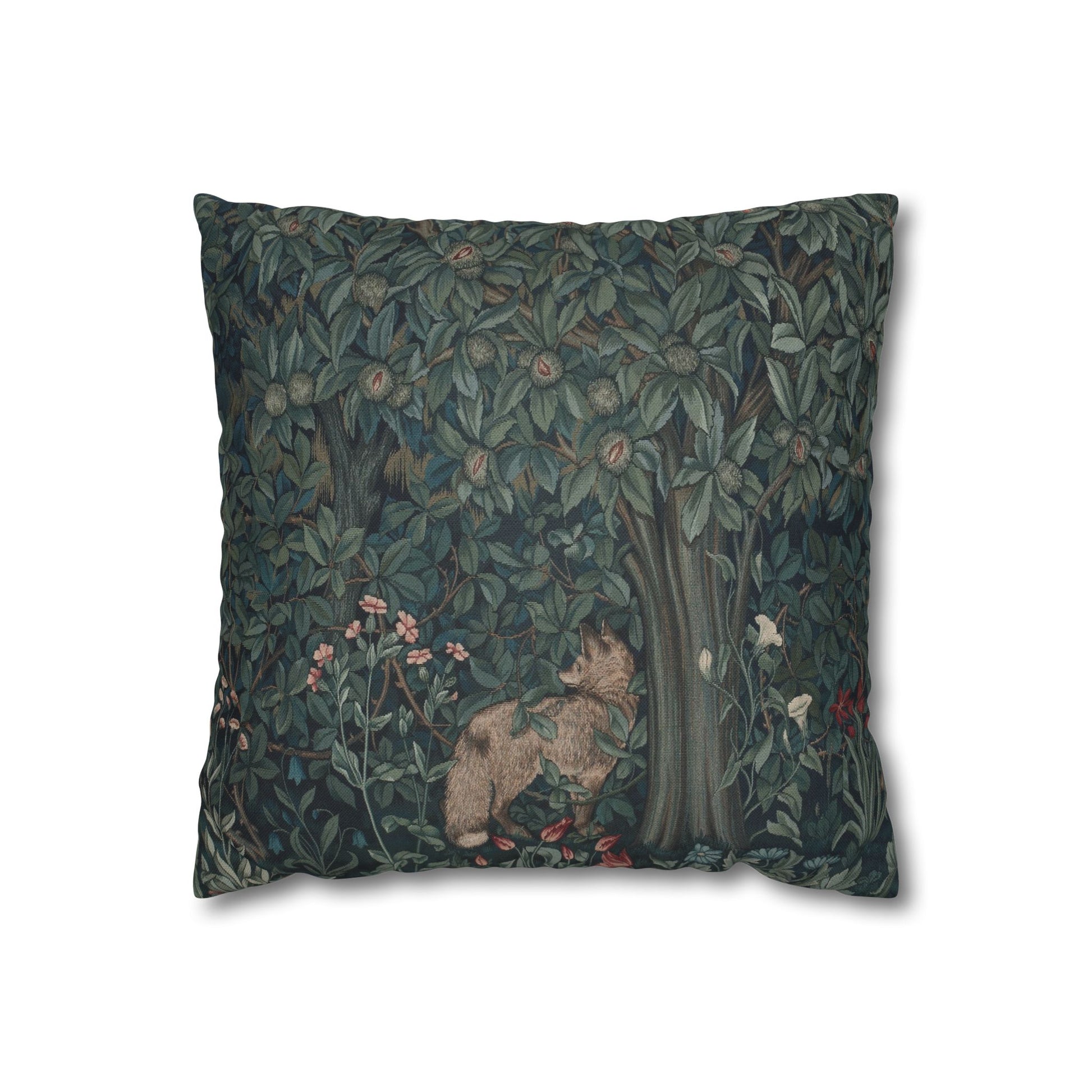 Decorative pillow with nature-themed design featuring a fox and foliage on a dark background - William Morris Greenery