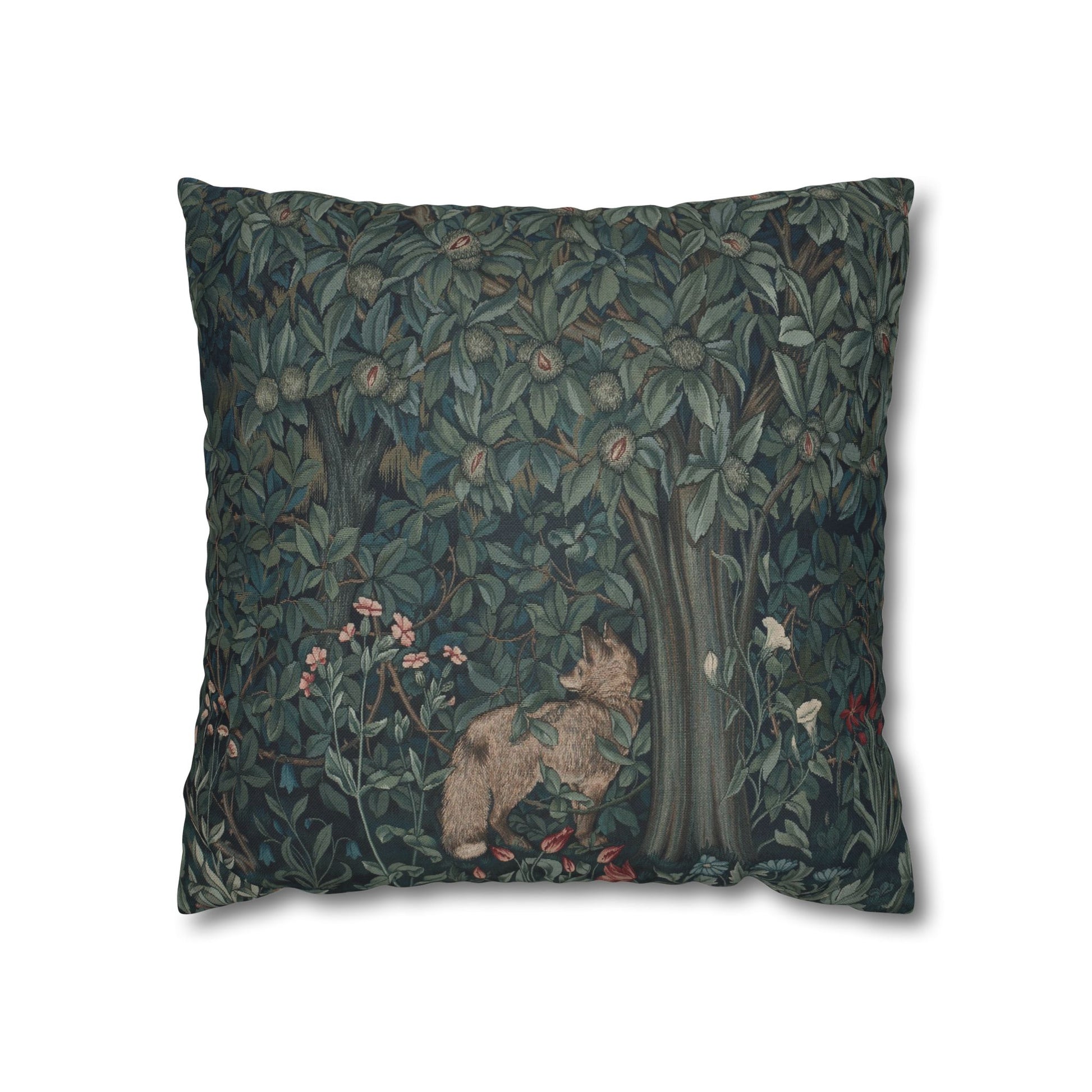 Decorative pillow with nature-themed design featuring a bear and trees on a white background - William Morris Greenery