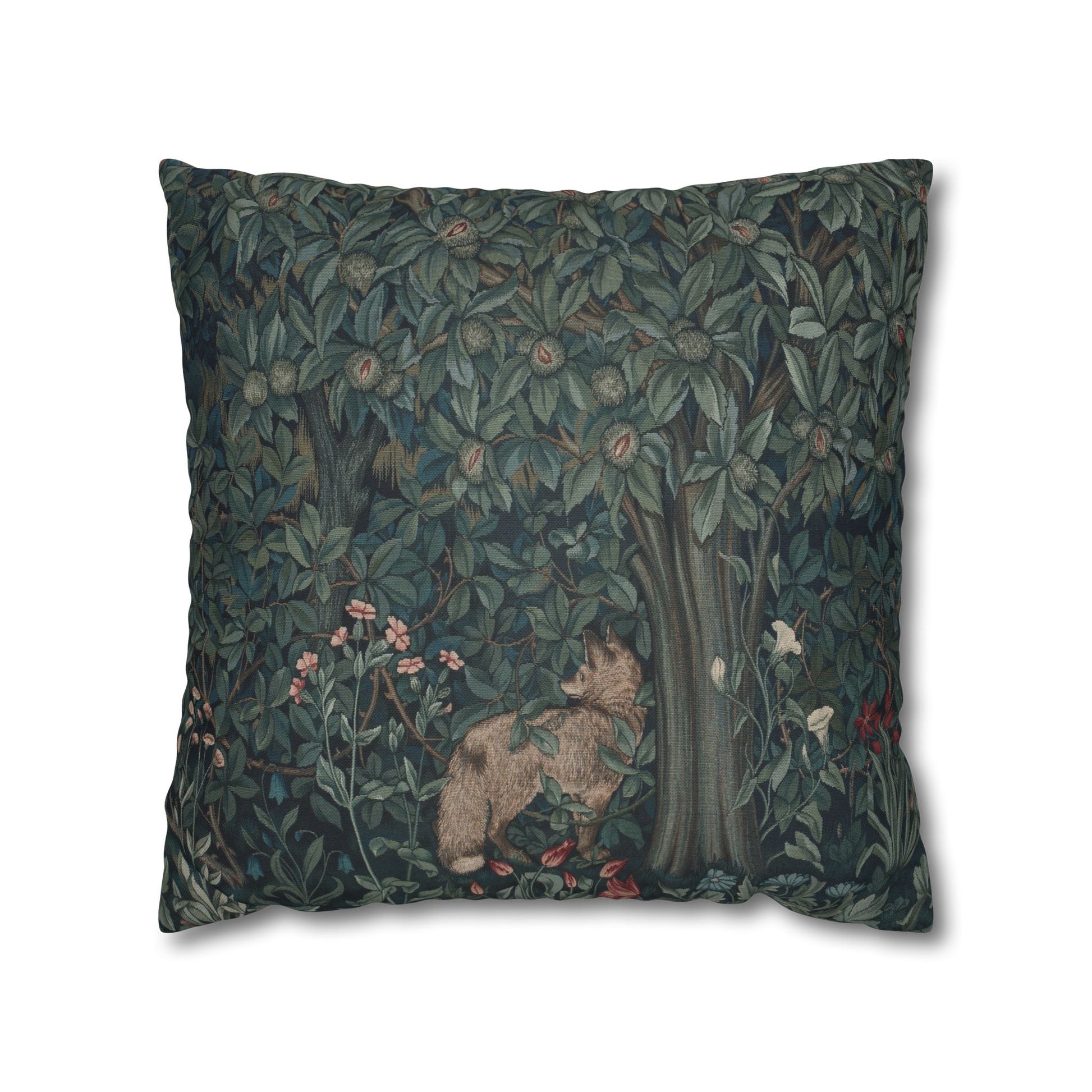 Decorative pillow with nature-themed design featuring a wolf and trees on a dark green background - William Morris Greenery