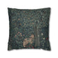 Decorative pillow with nature-themed design featuring a fox and foliage on a dark green background - William Morris Greenery
