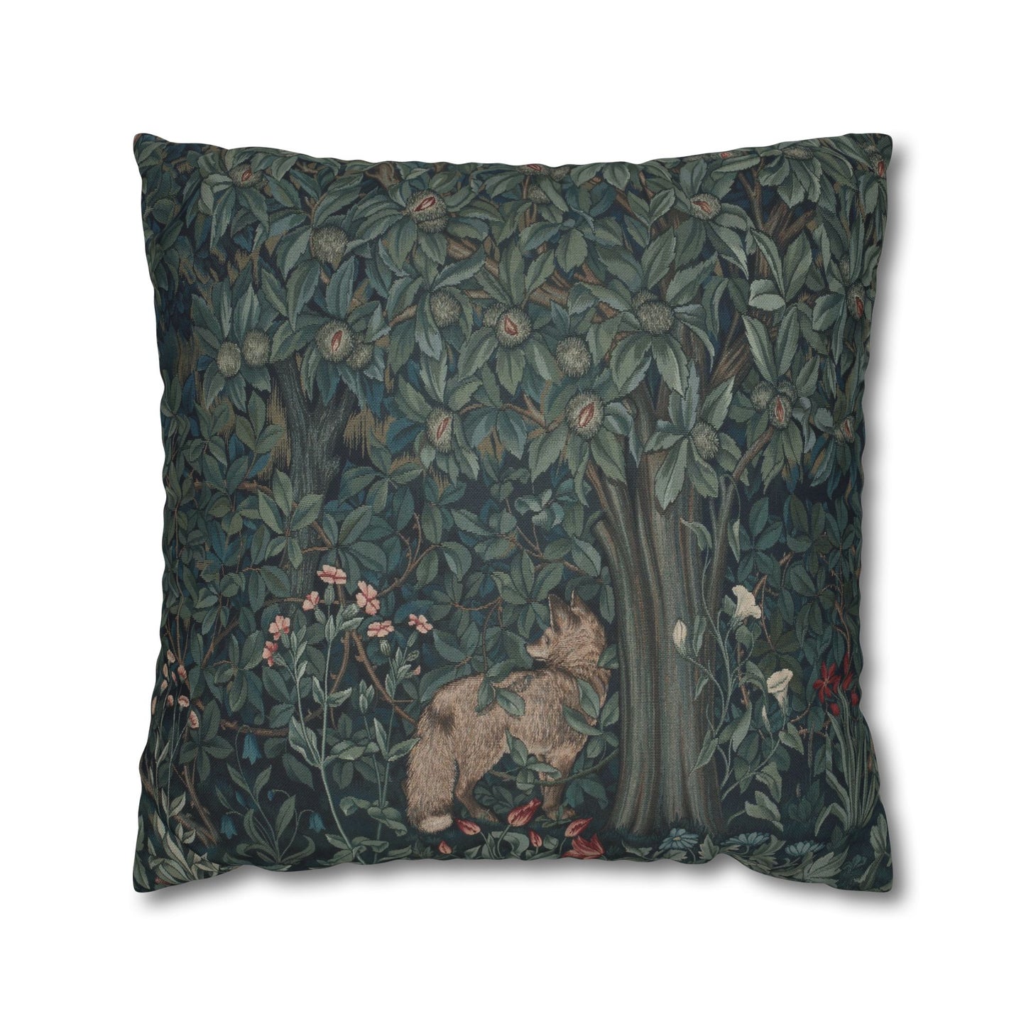 Decorative pillow with nature-themed design featuring a fox and foliage on a dark green background - William Morris Greenery