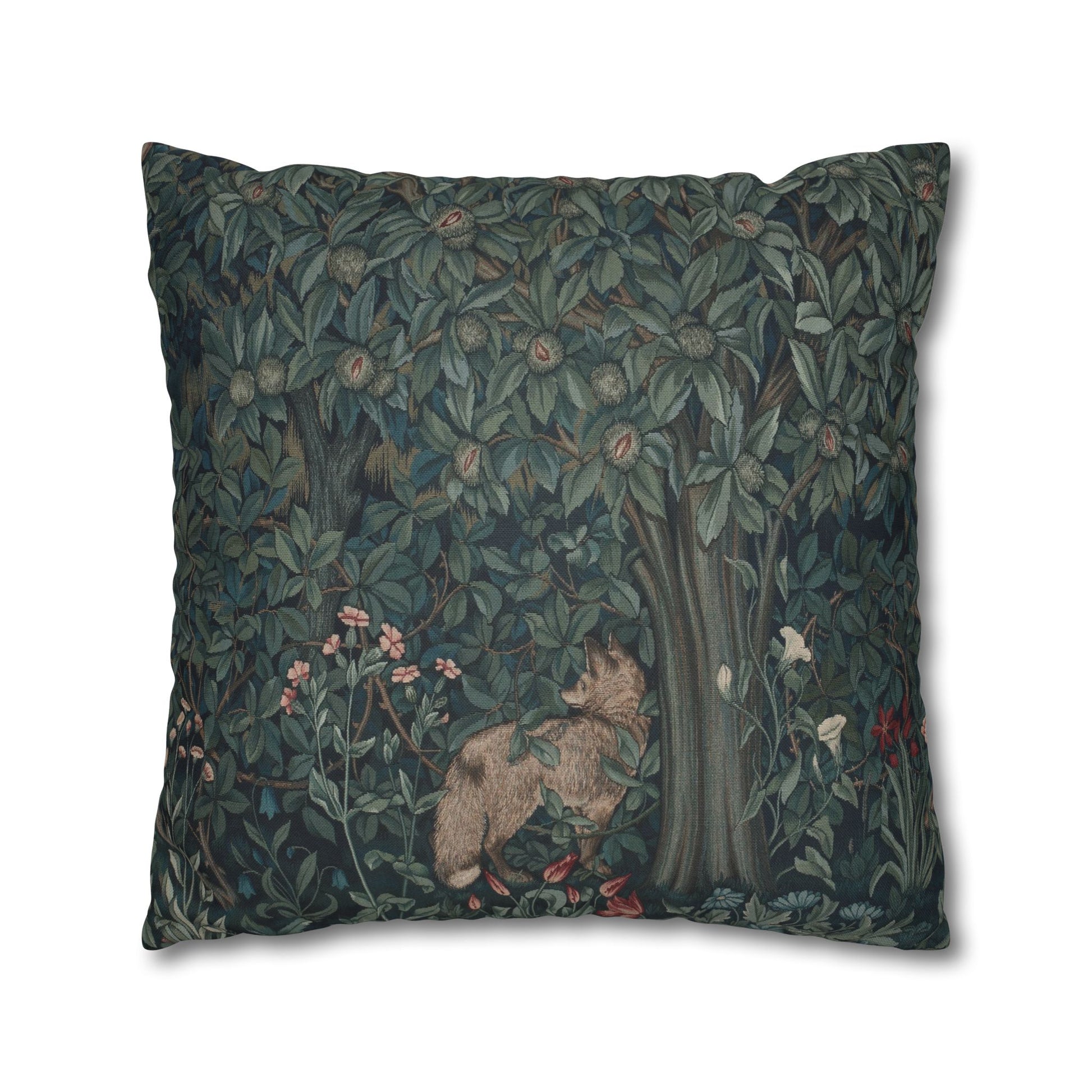 Decorative pillow with nature-themed design featuring a fox and foliage on a dark background - William Morris Greenery