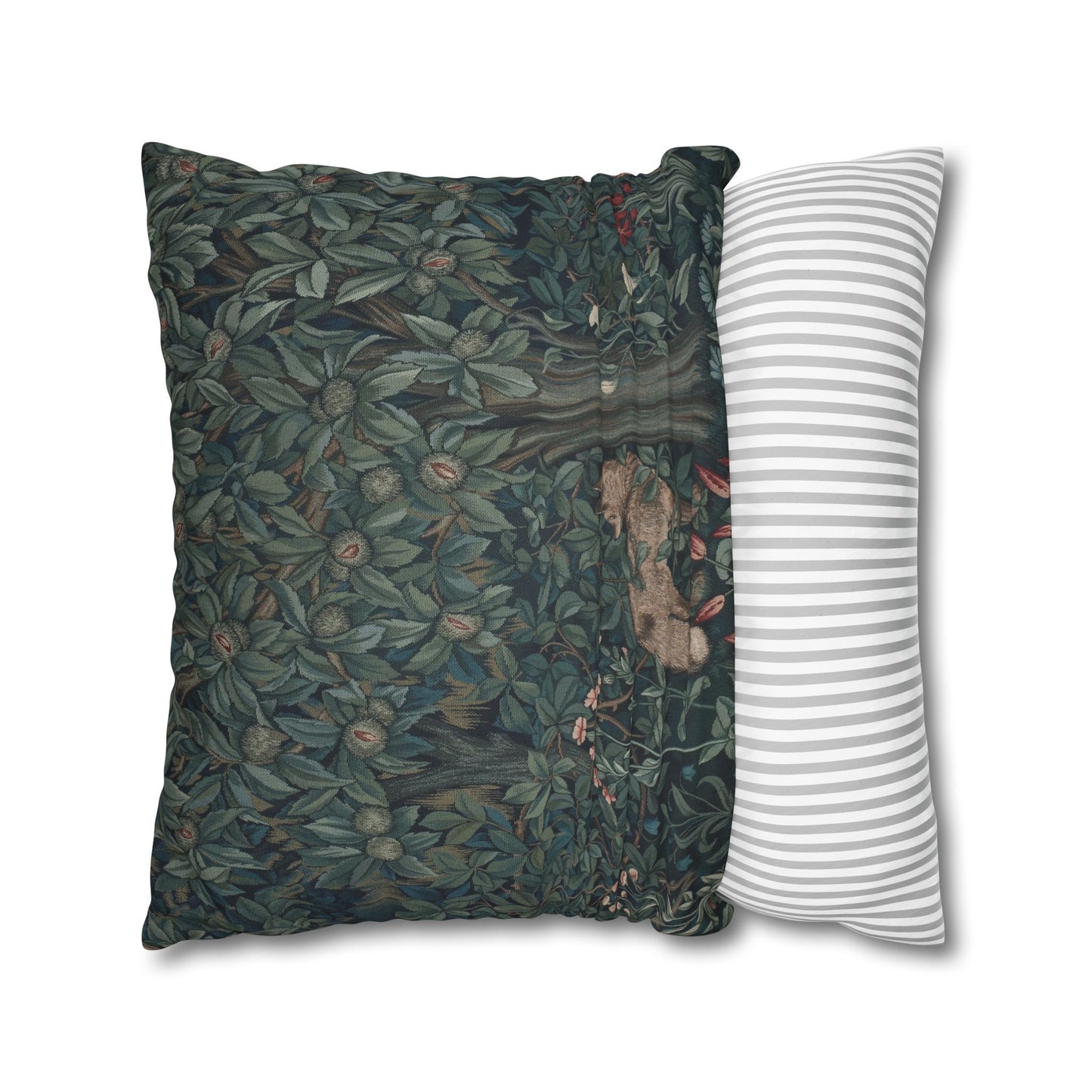 Two pillows, one with a nature-themed design and the other with a striped pattern, on a white background - William Morris Greenery