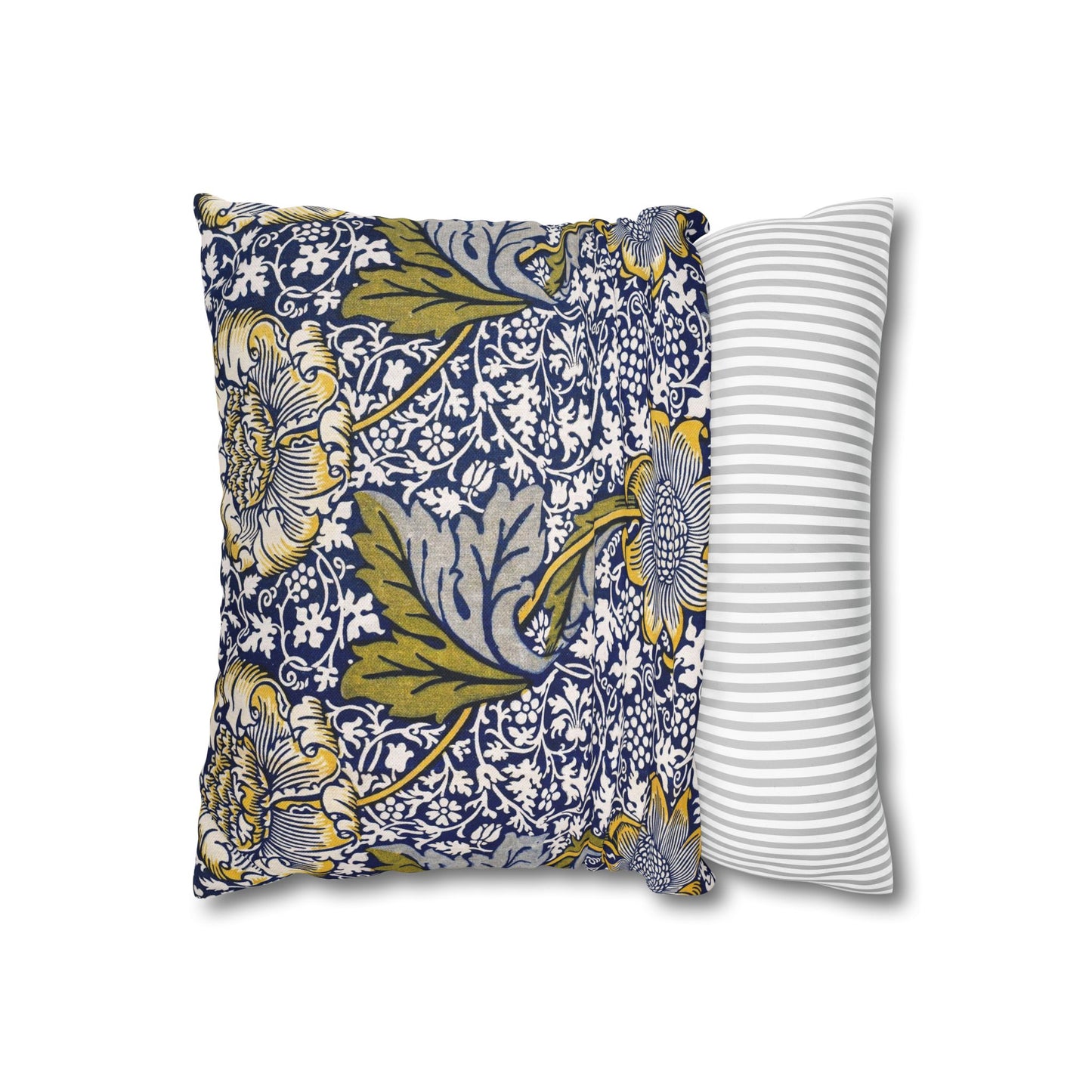 Two decorative pillows, one with floral pattern and one with stripes, on a white background.
