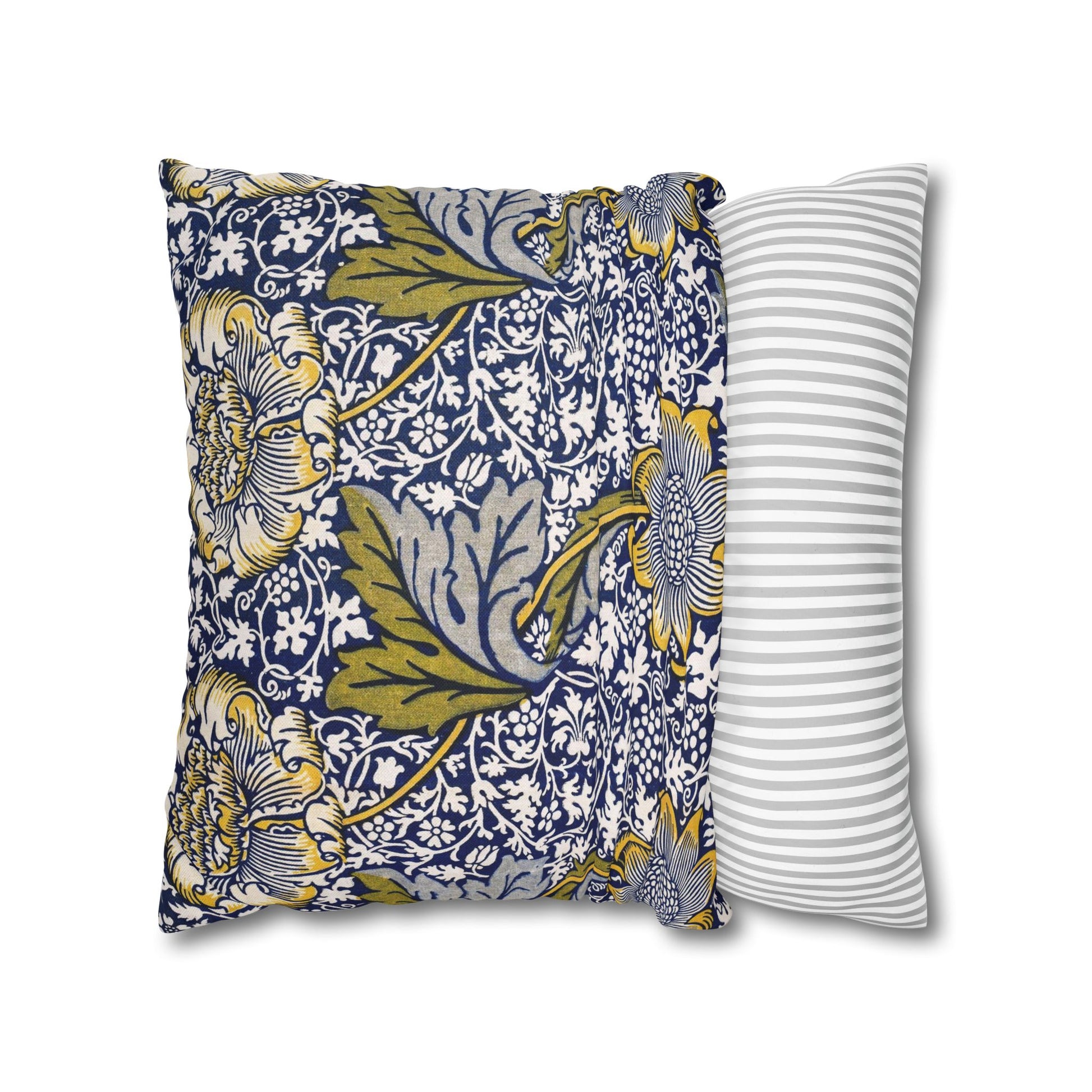 Two decorative pillows, one with a floral pattern and the other with stripes, on a white background.