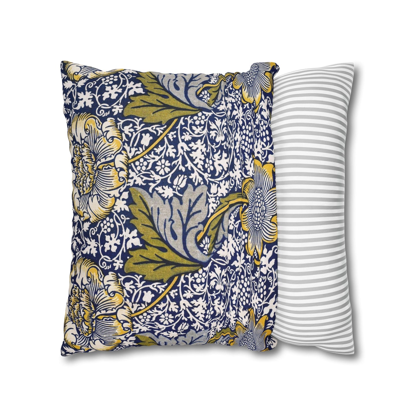 Two pillows, one with floral pattern and one with stripes, on a white background