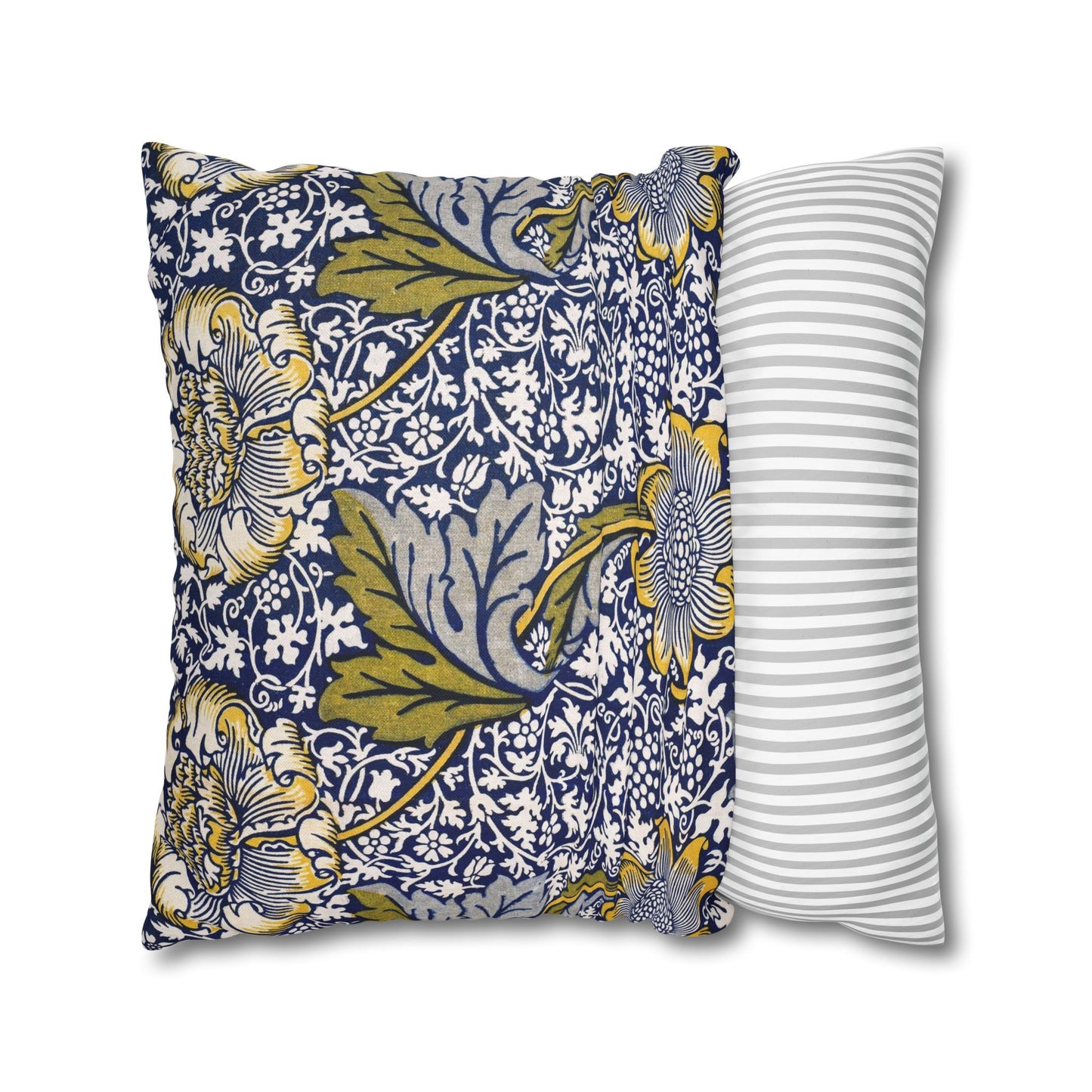 Two pillows, one with floral pattern and one with stripes, on a white background