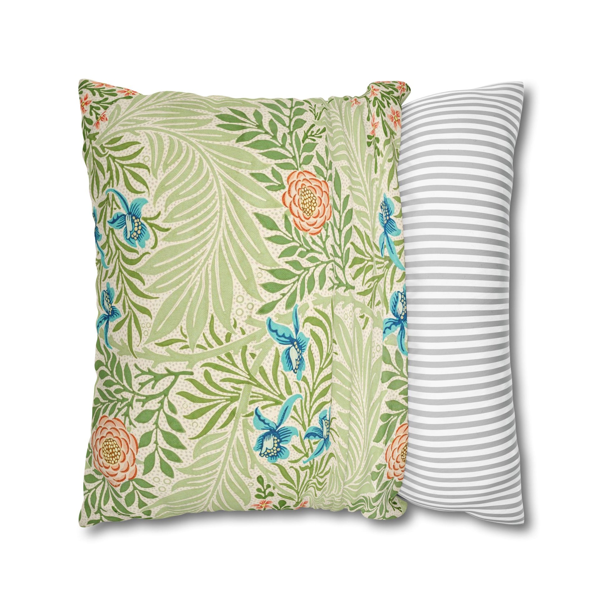 Two pillows, one with a floral pattern and the other with a striped pattern, on a white background.