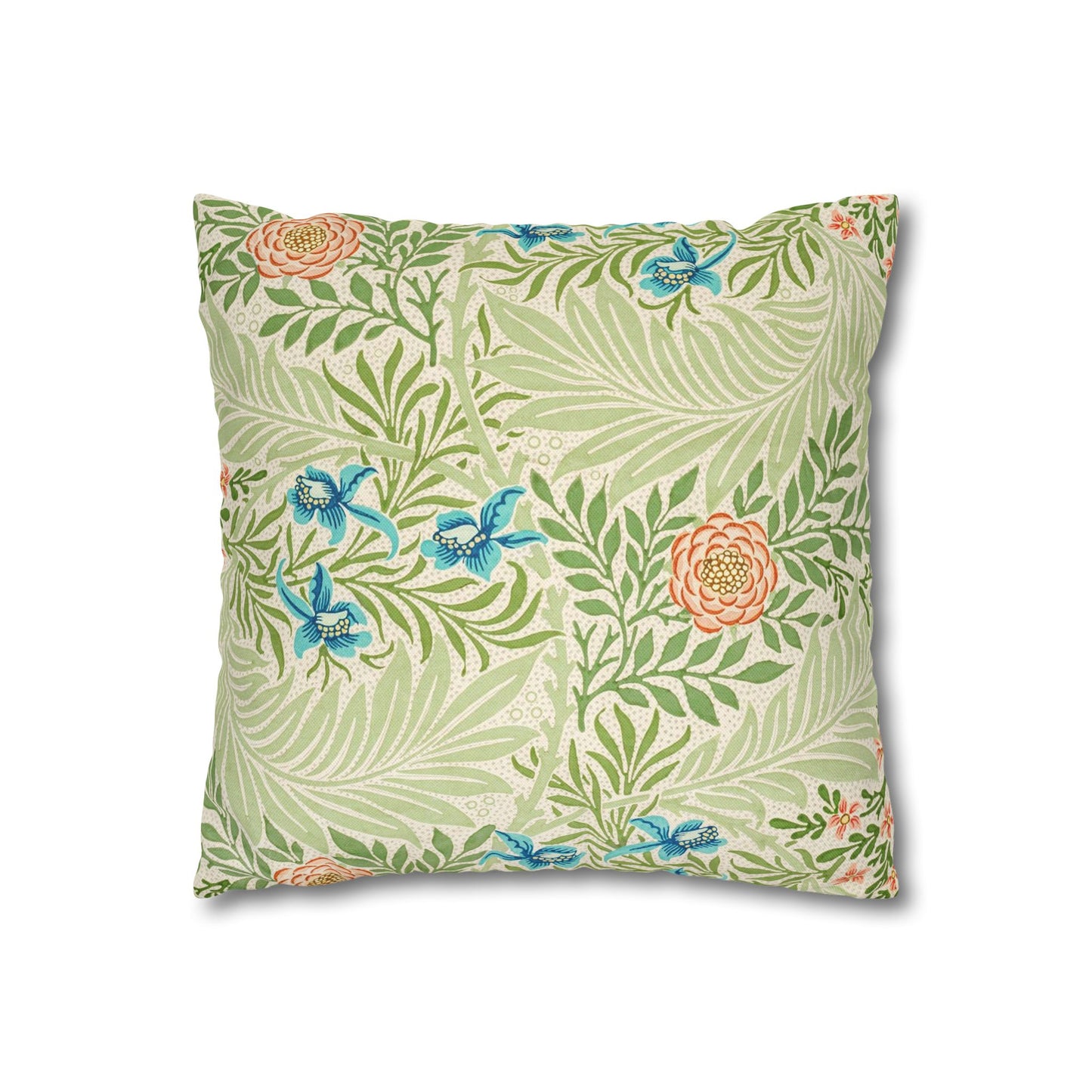 Decorative pillow with floral and leaf pattern on a white background