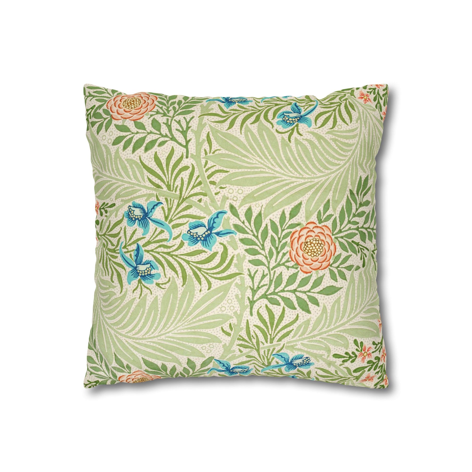 Decorative pillow with floral and leaf pattern on a white background