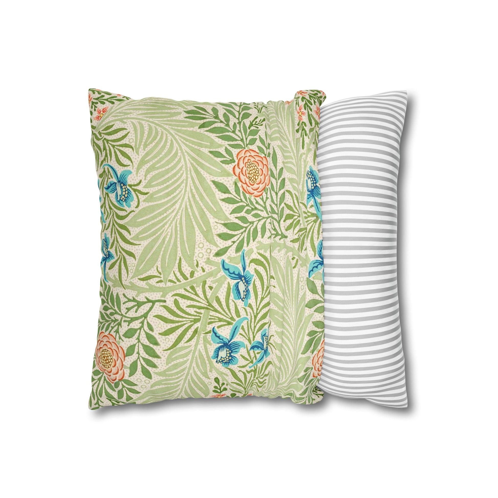 Two pillows, one with a floral pattern and the other with a striped pattern, on a white background.