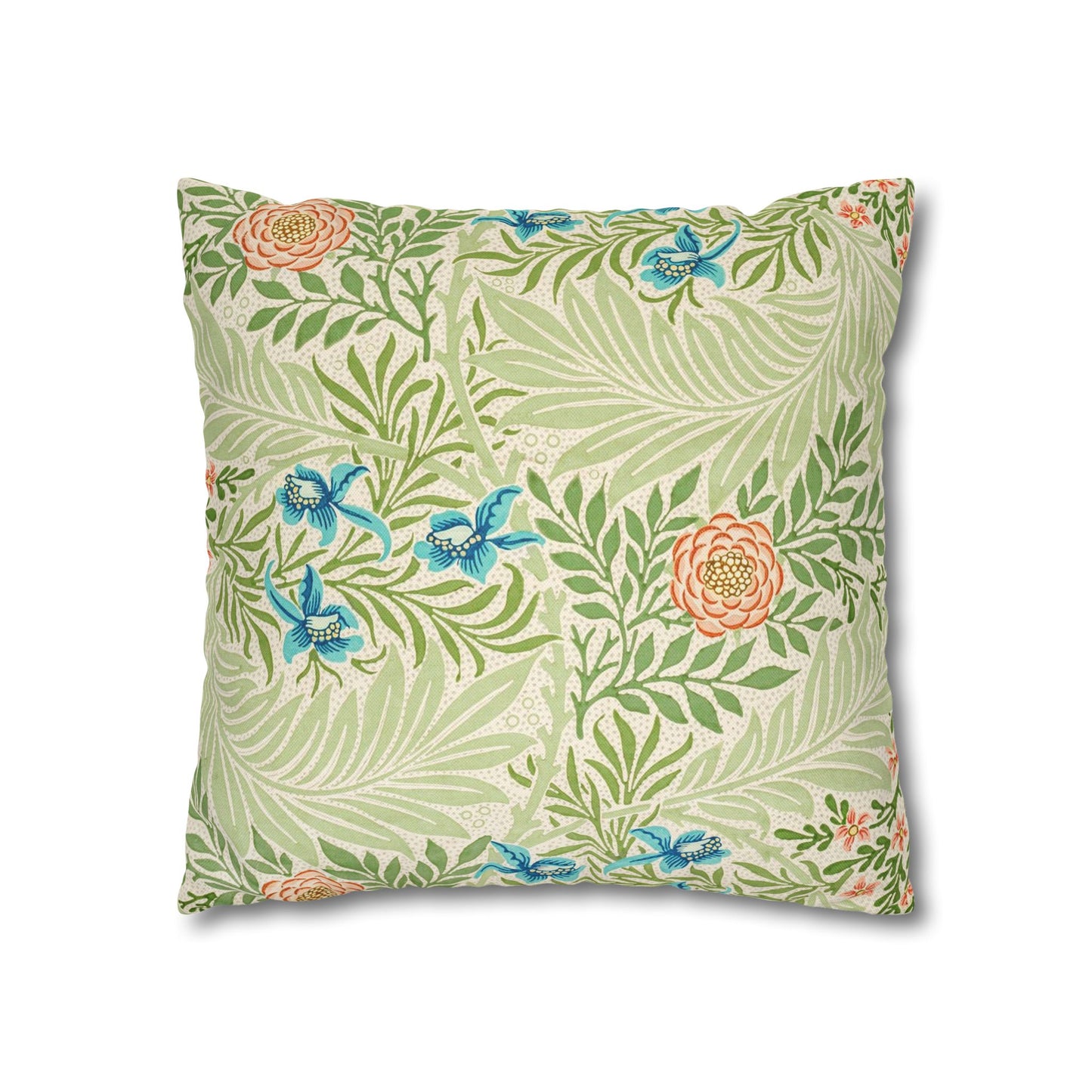 Decorative pillow with floral and butterfly pattern on a white background