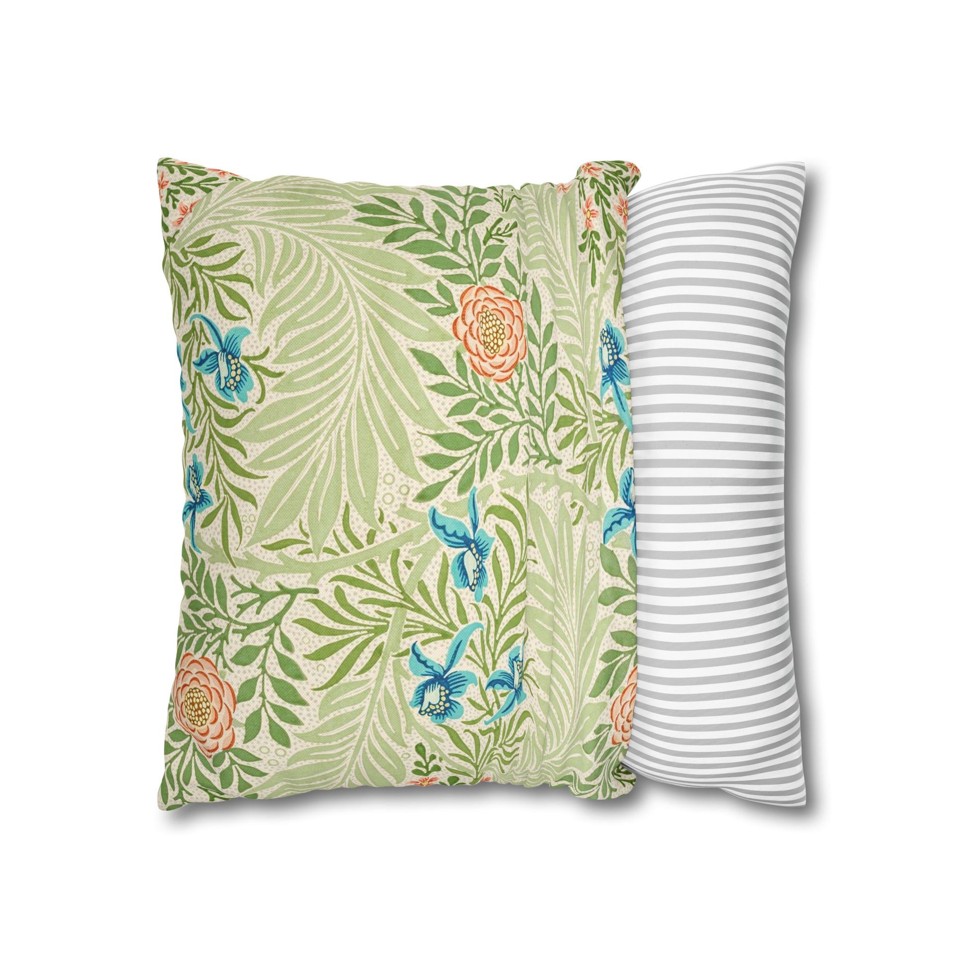 Two decorative pillows, one with a floral pattern and the other with stripes, on a white background.