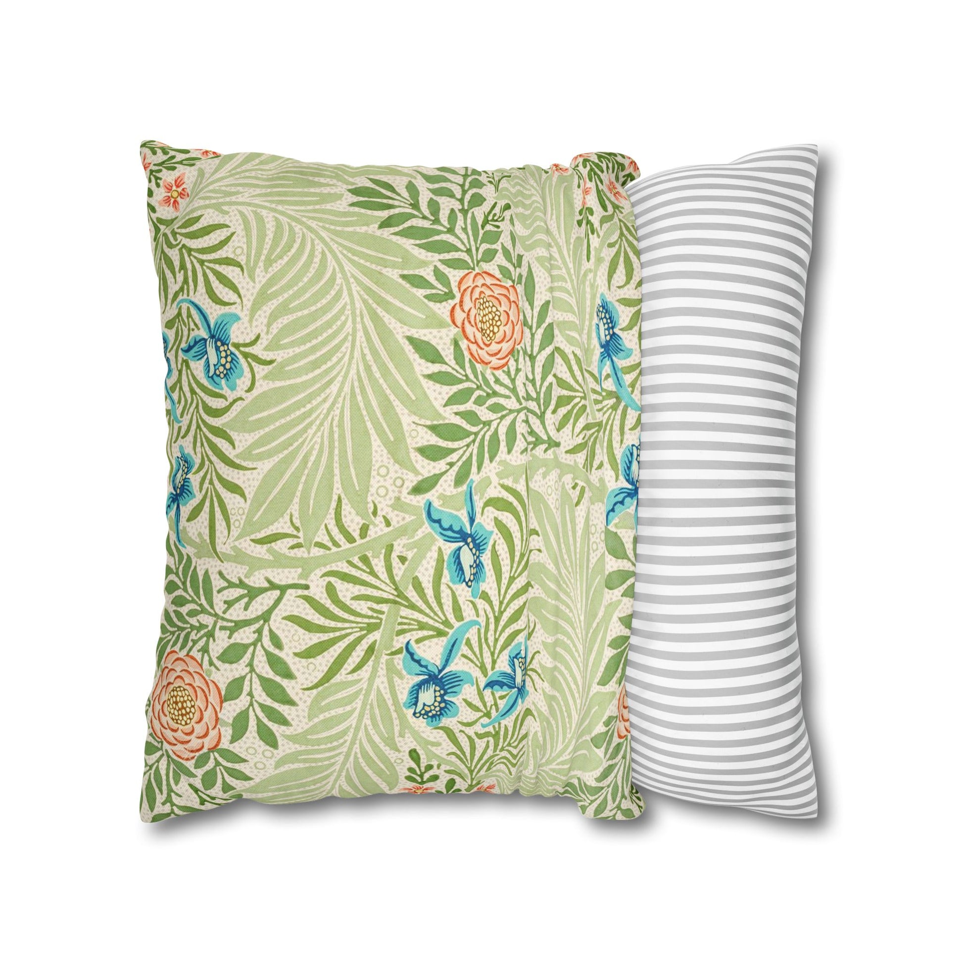 Two decorative pillows, one with a floral pattern and the other with stripes, on a white background.
