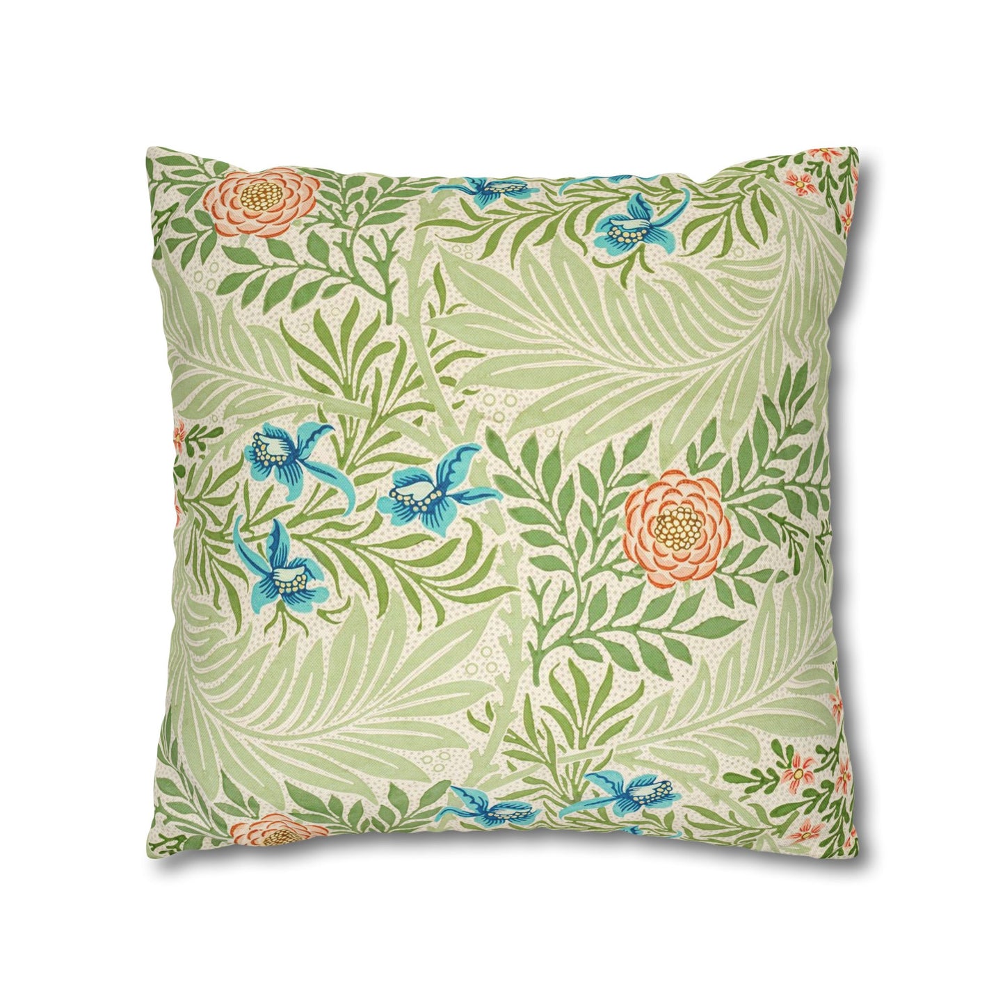 Decorative pillow with floral and bird pattern on a white background