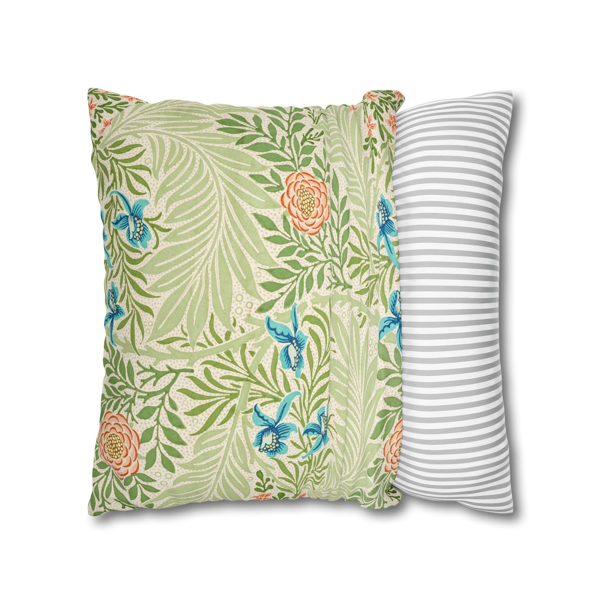 Two decorative pillows, one with a floral pattern and the other with a striped pattern, on a white background.