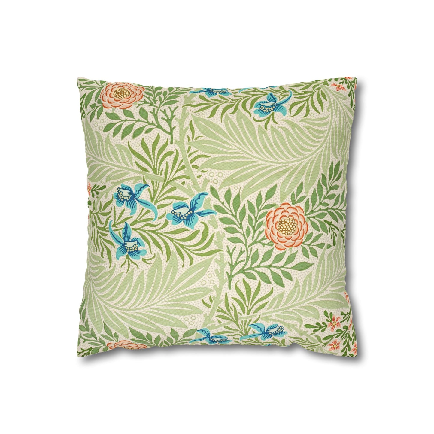 Decorative pillow with floral and leaf pattern on a white background