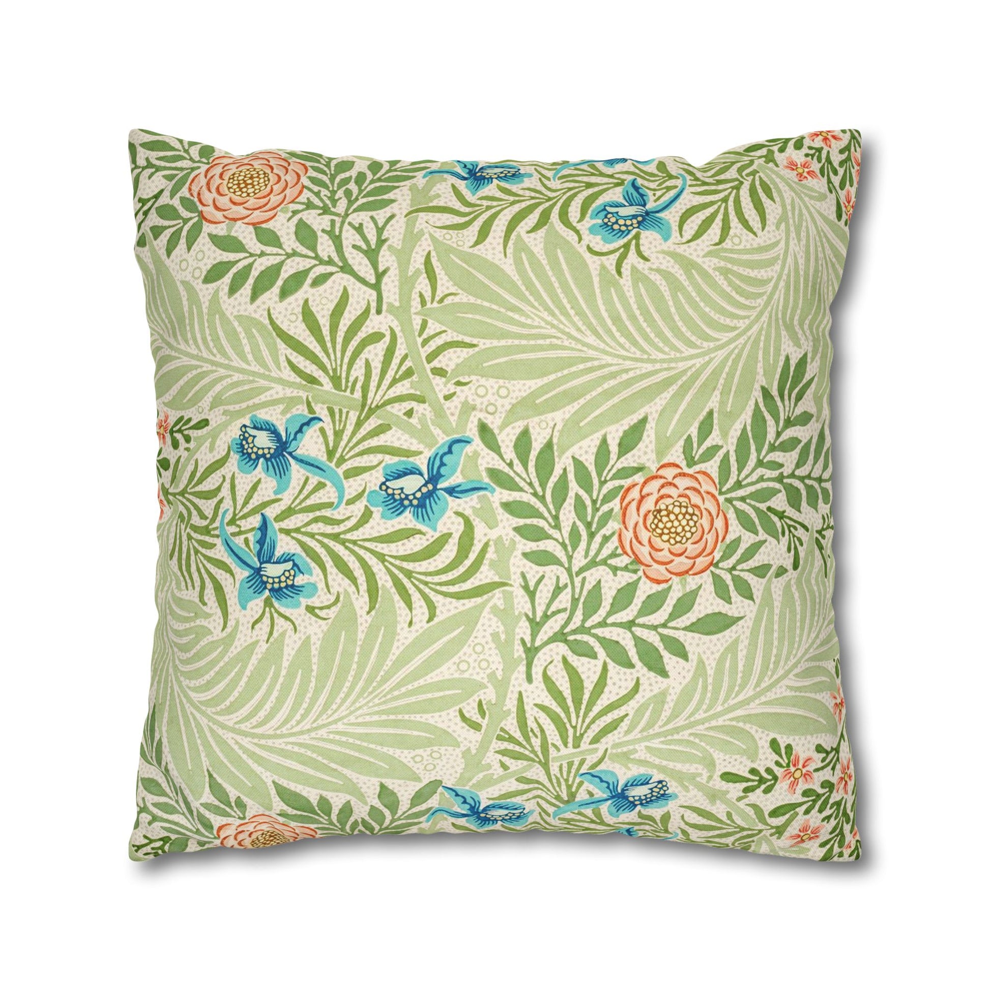 Decorative pillow with floral and leaf pattern on a white background