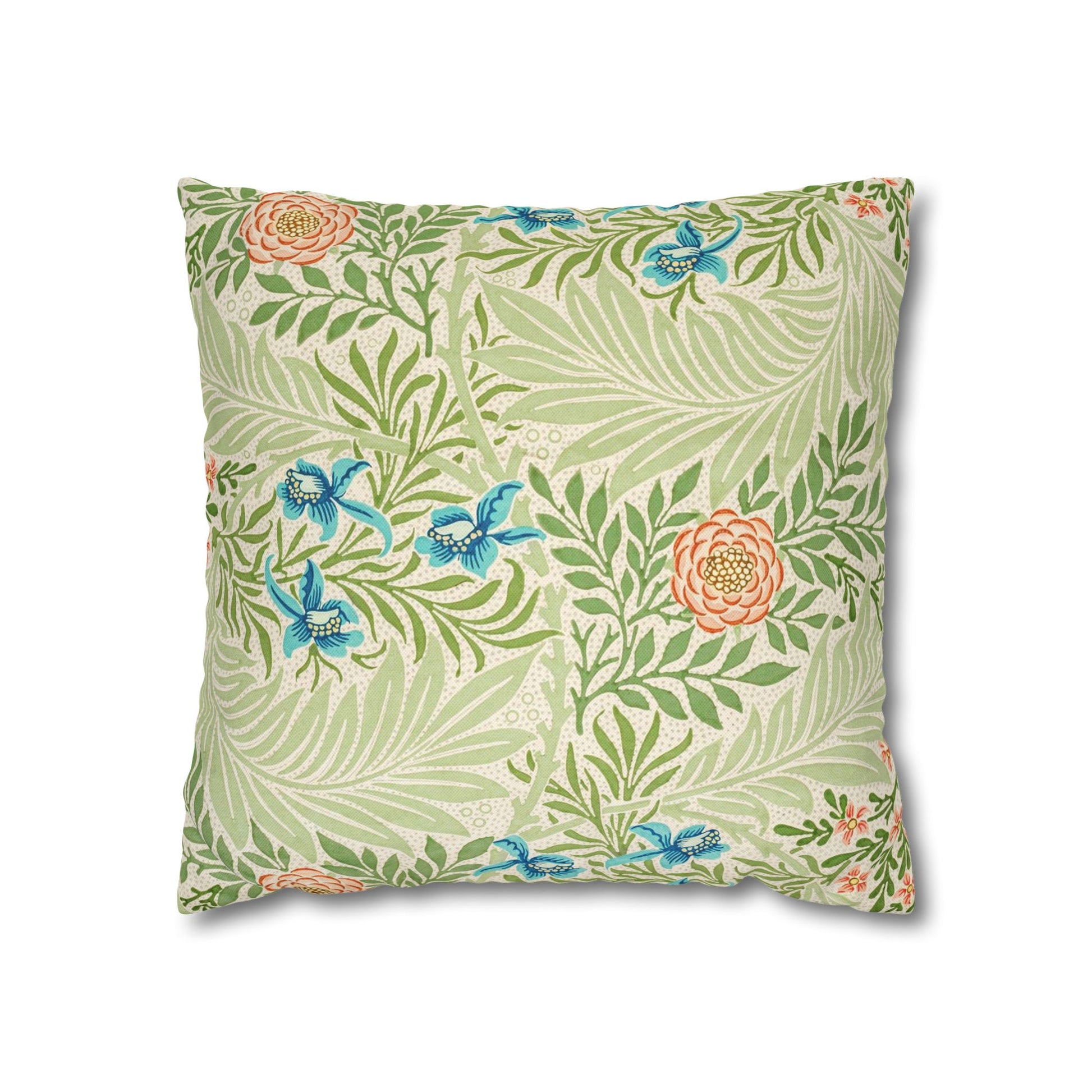 Decorative pillow with floral and butterfly pattern on a white background
