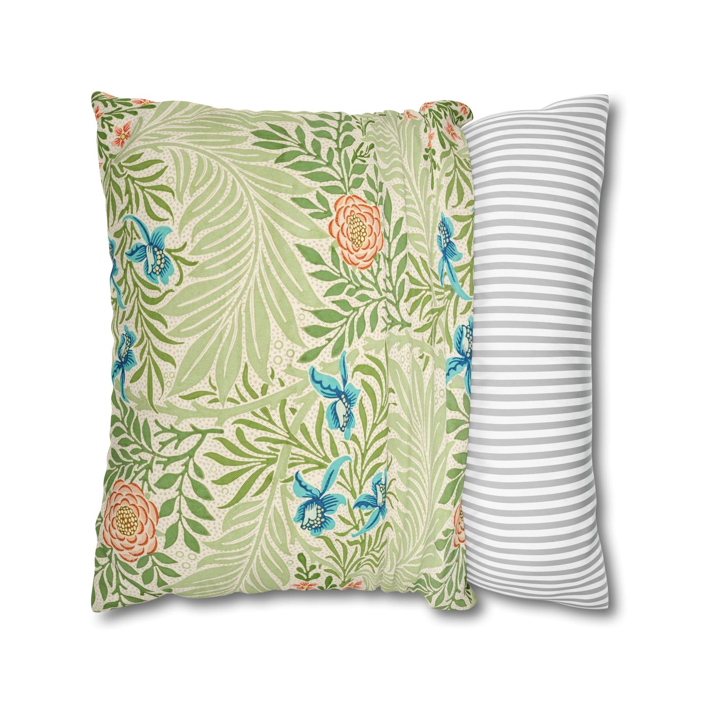 Two pillows, one with a floral pattern and the other with a striped pattern, on a white background.