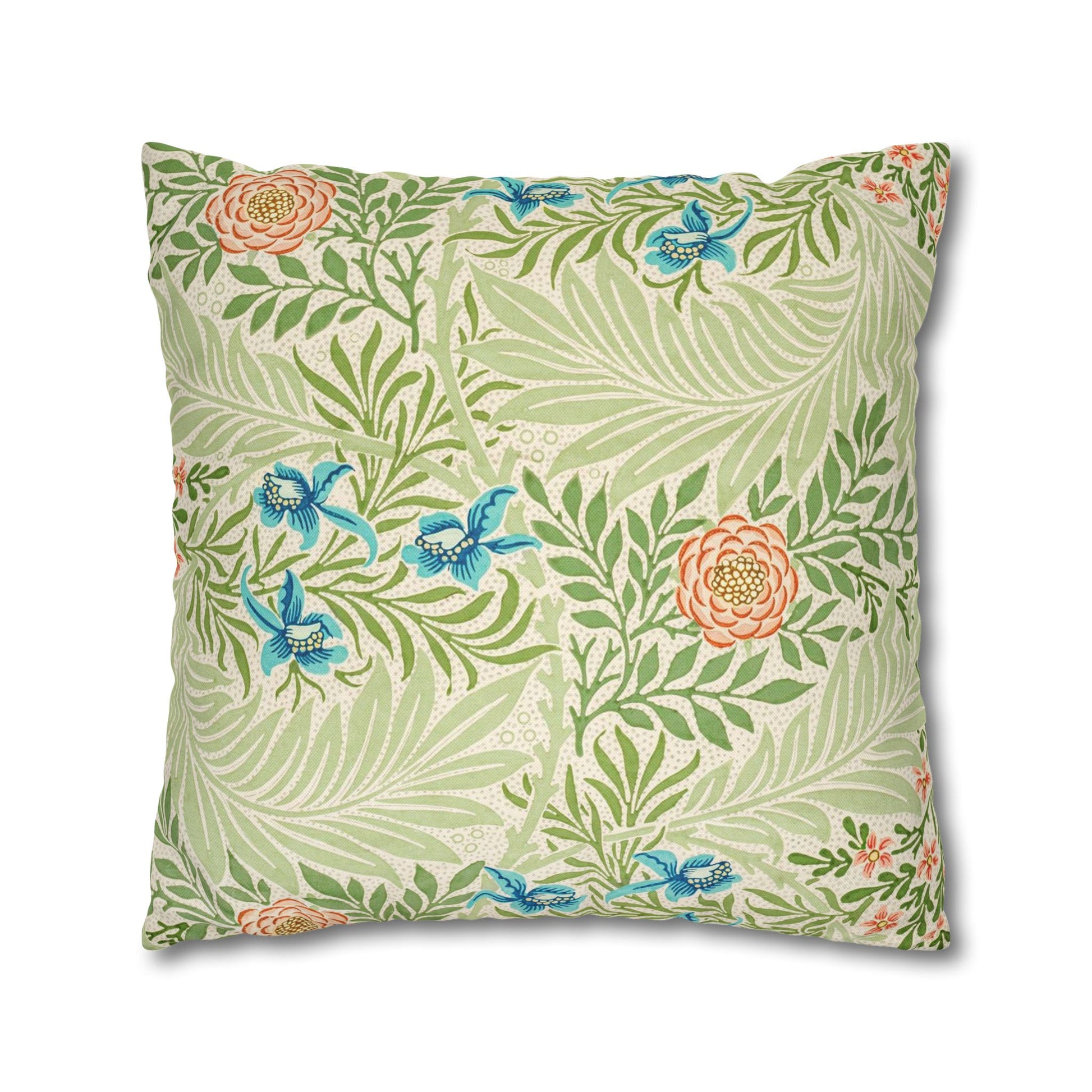 Decorative pillow with floral and leaf pattern on a white background