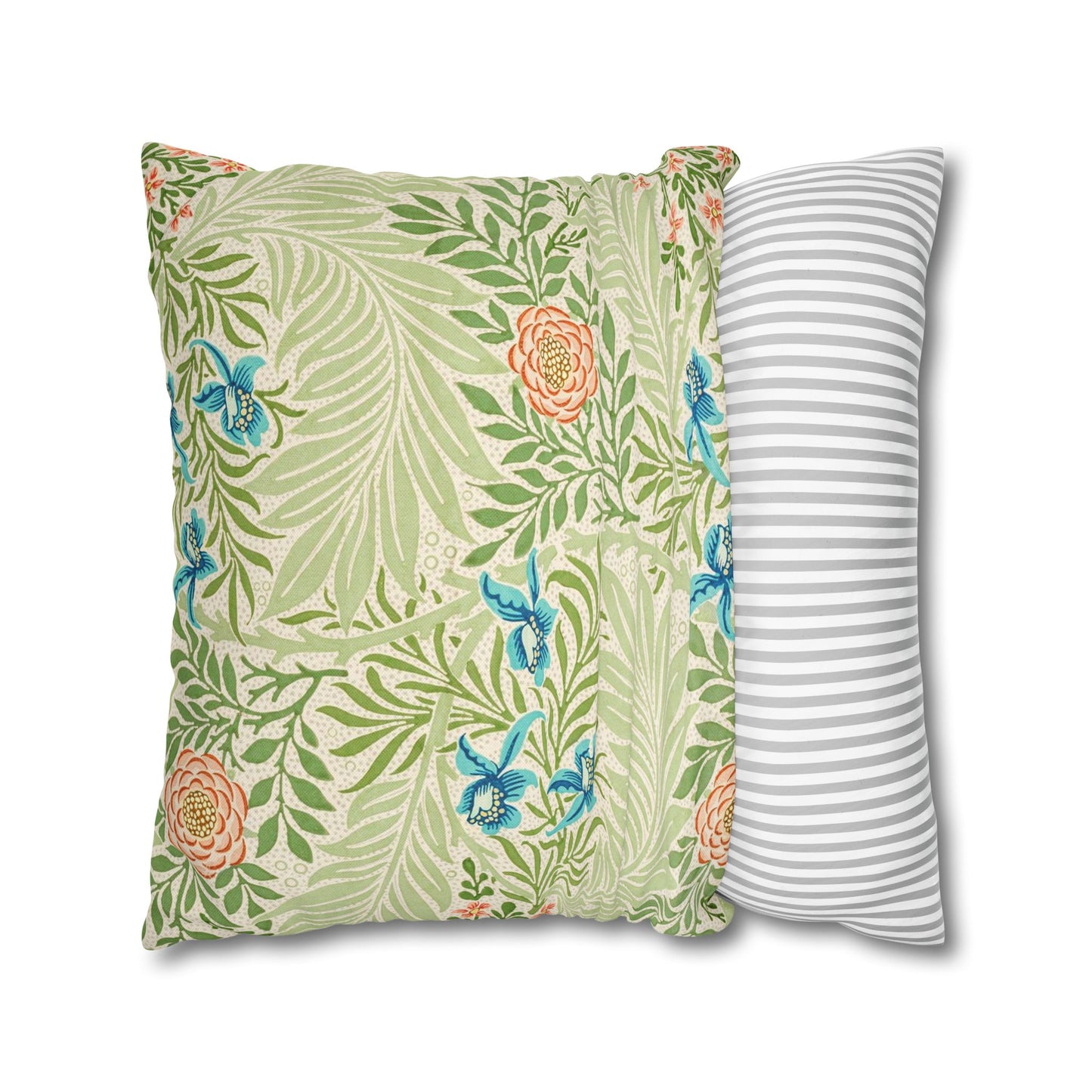Two pillows, one with a floral pattern and the other with a striped pattern, on a white background.