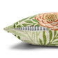 Floral patterned pillow with green leaves and orange flowers on a white background