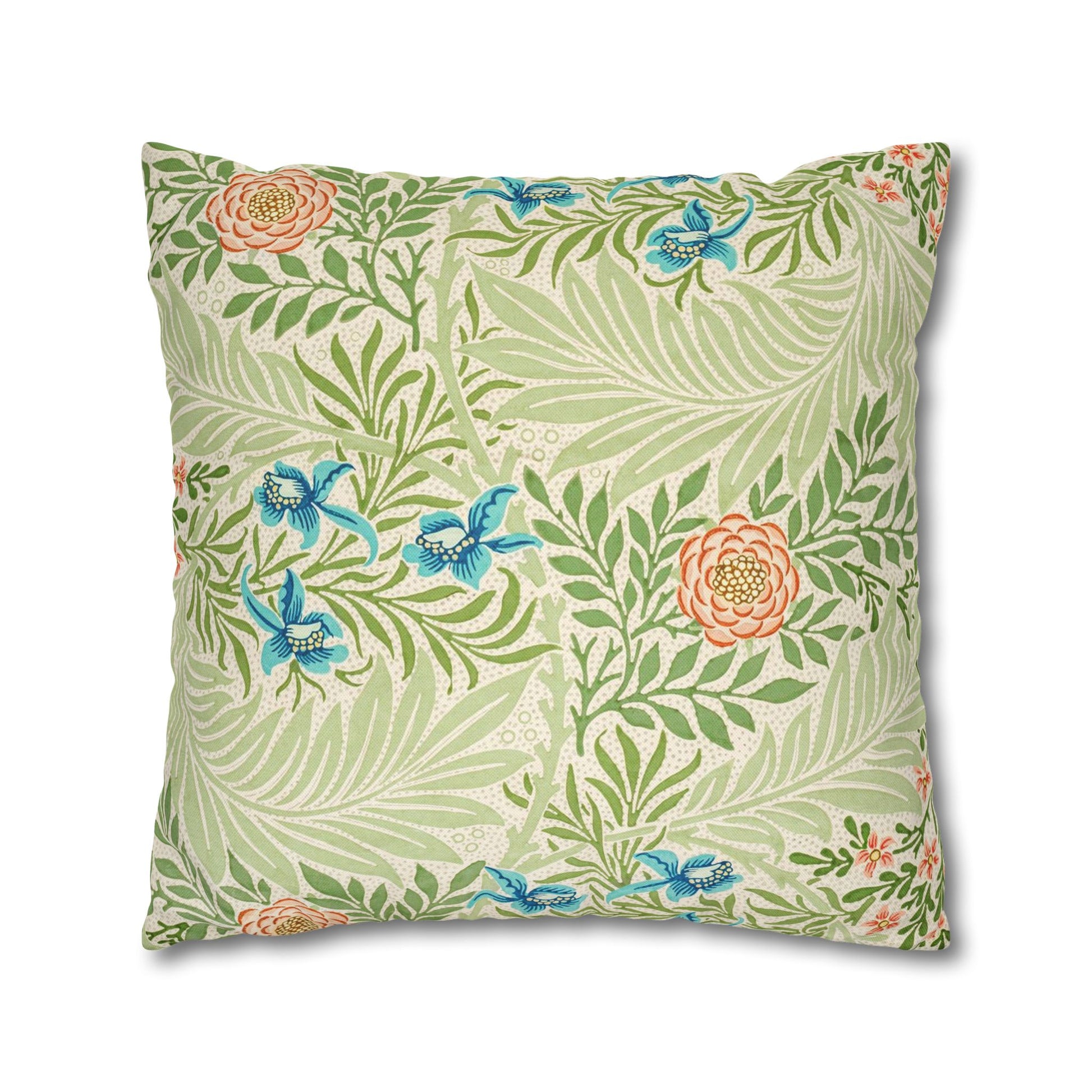 Decorative pillow with floral and leaf pattern on a white background