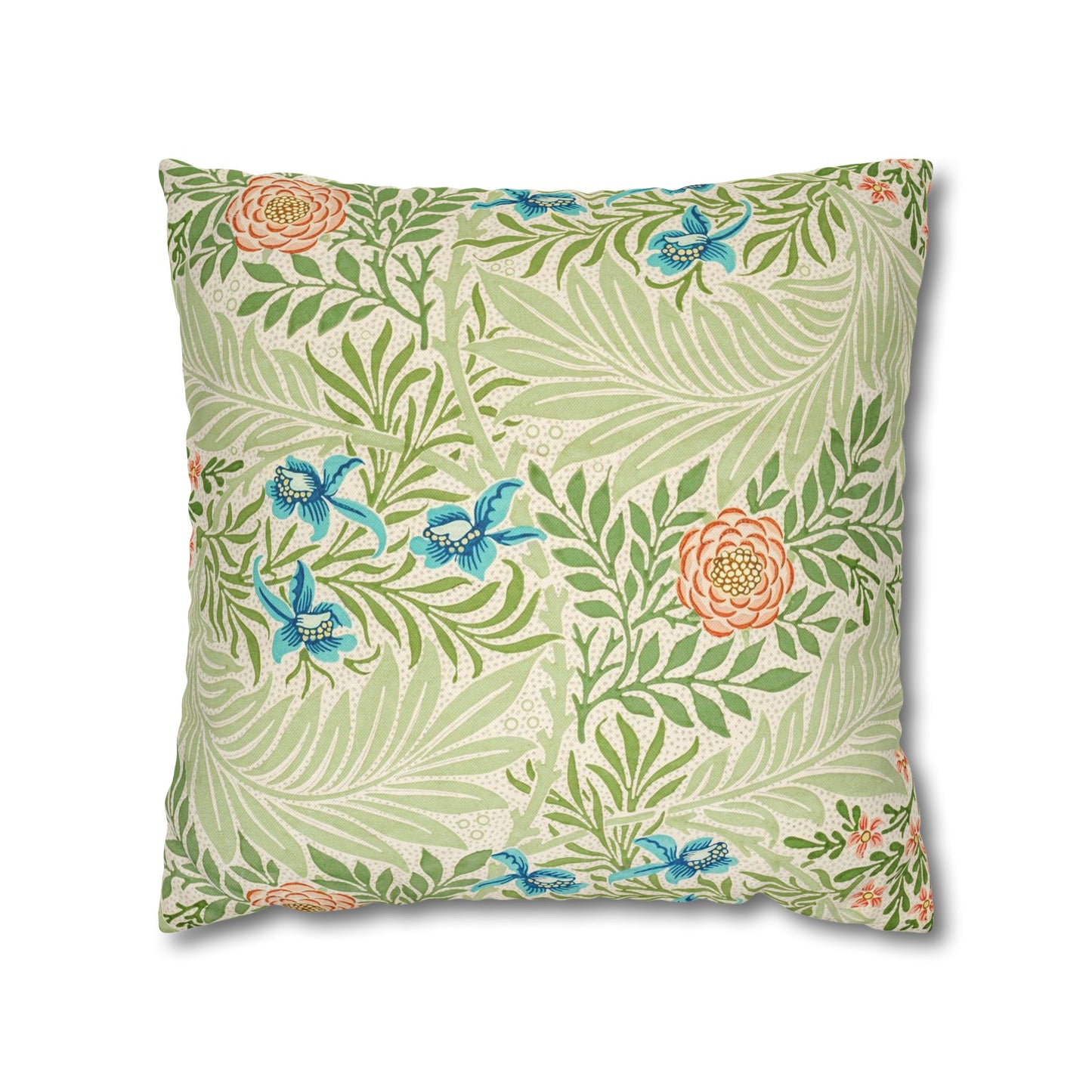 Floral and leaf patterned pillow with green background